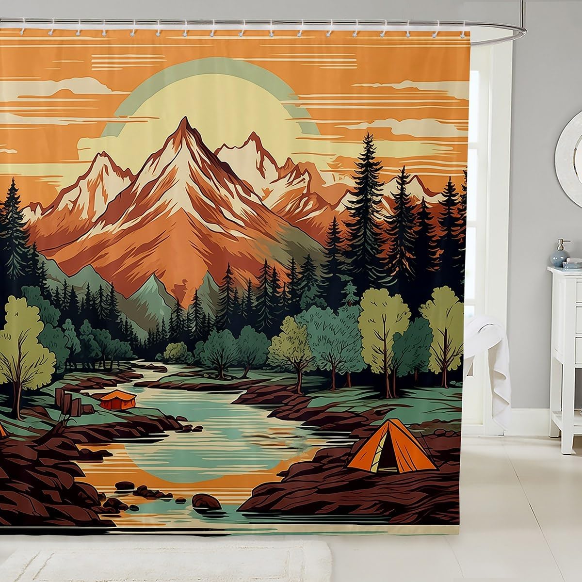 Mountain River Retro Adventure Shower Curtain with 12 Hooks