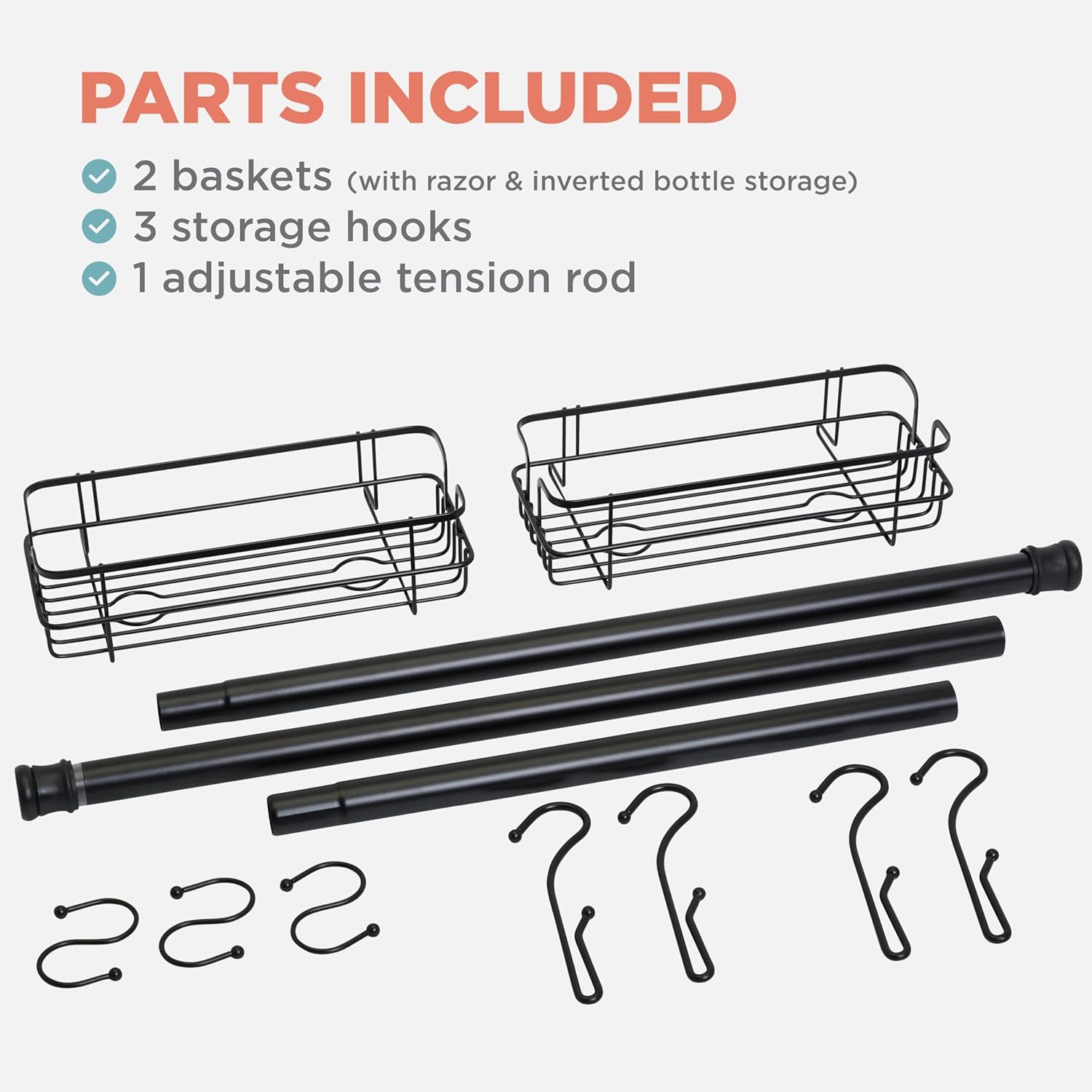 Zenna Home Matte Black Shower Caddy with 2 Baskets and 3 Hooks