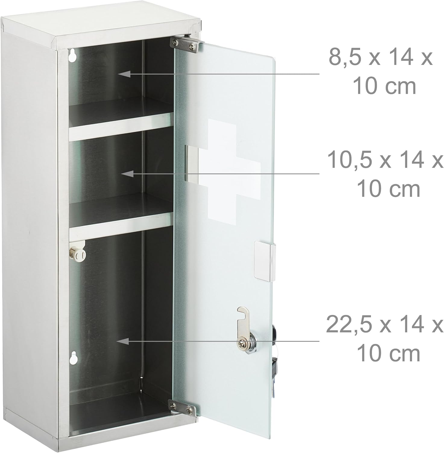 Relaxdays Medicine Cabinet - 3 Compartments Lockable Stainless Steel
