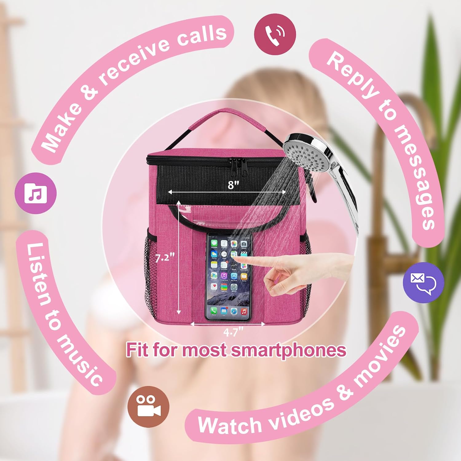 Attmu Portable Shower Caddy with Zip Pockets Pink