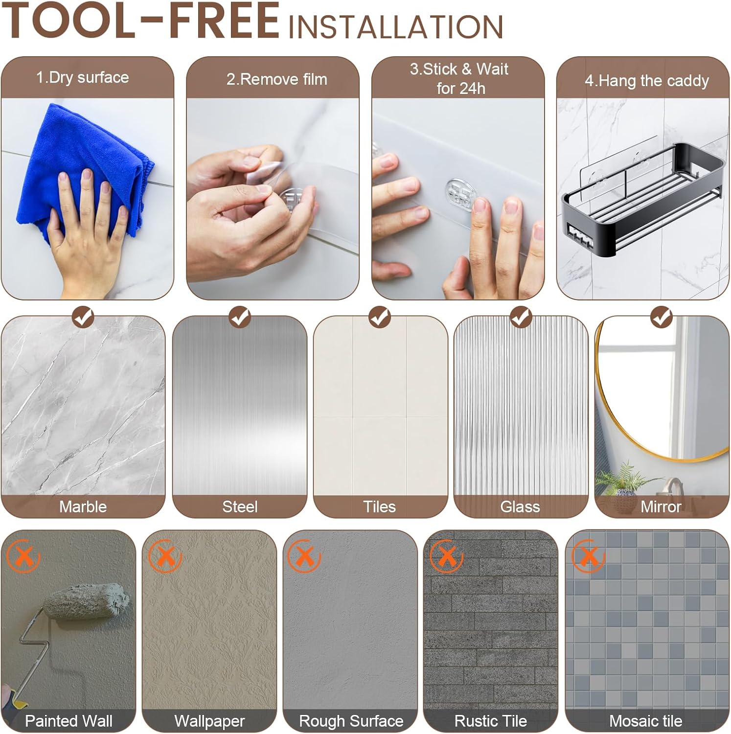 Necvha Adhesive Shower Caddy with 12 Hooks and Towel Rack 1