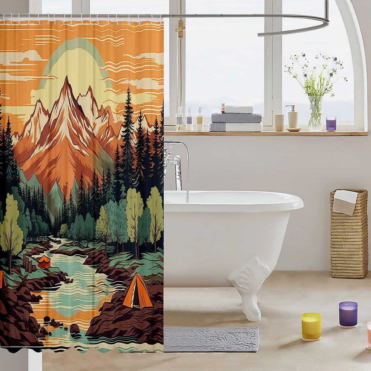 Mountain River Retro Adventure Shower Curtain with 12 Hooks