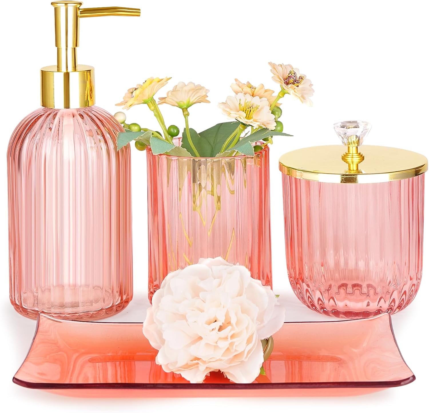 JUPELI 4-Piece Pink Glass Bathroom Accessories Set