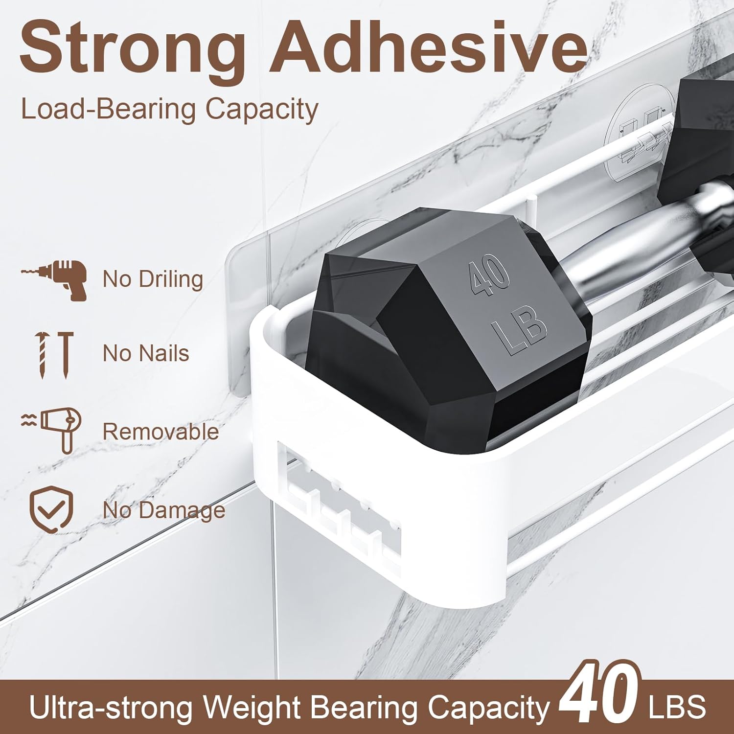 Necvha Adhesive Shower Caddy with 12 Hooks and Towel Rack 1