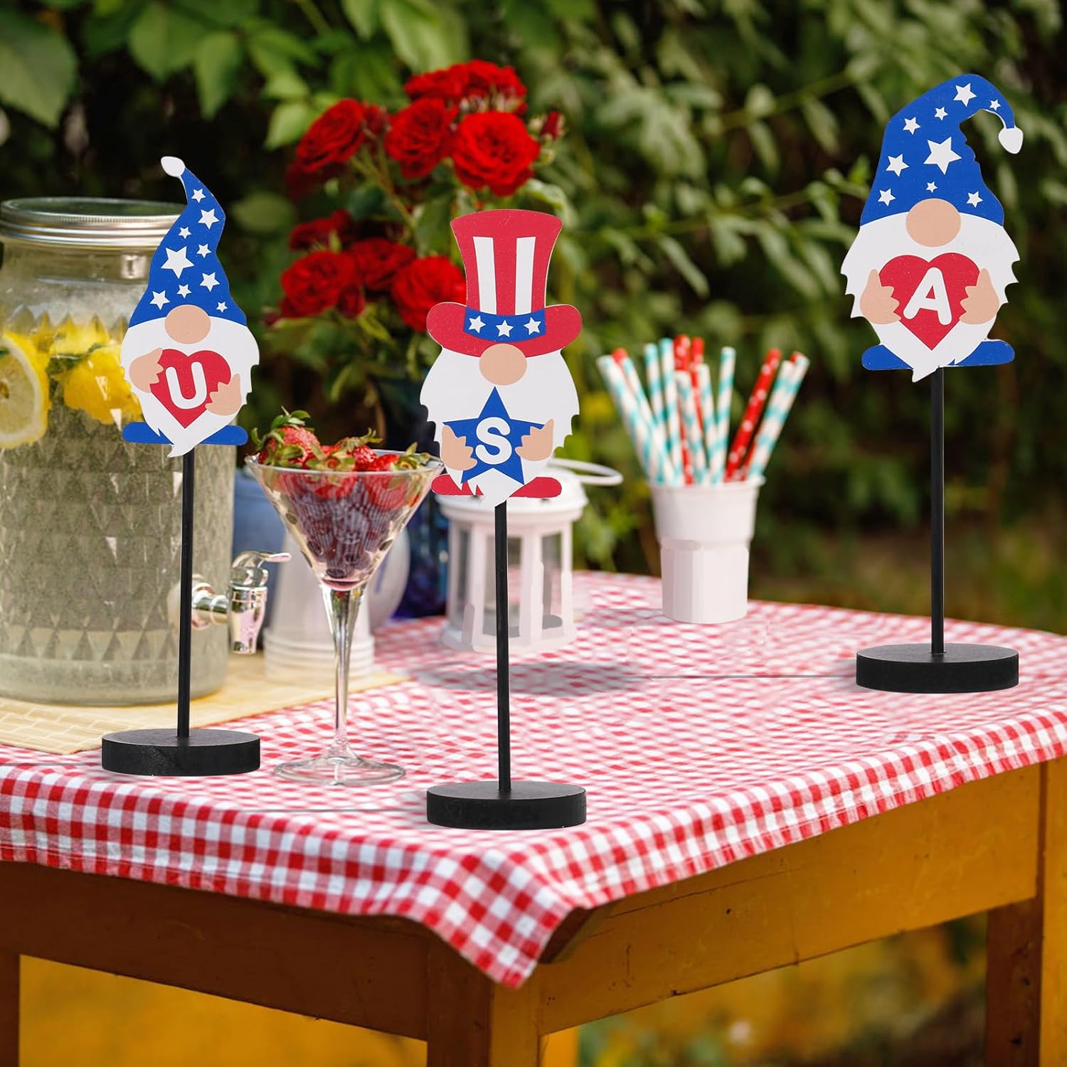 RoseCraft Patriotic Gnome Decorations RedWhiteBlue