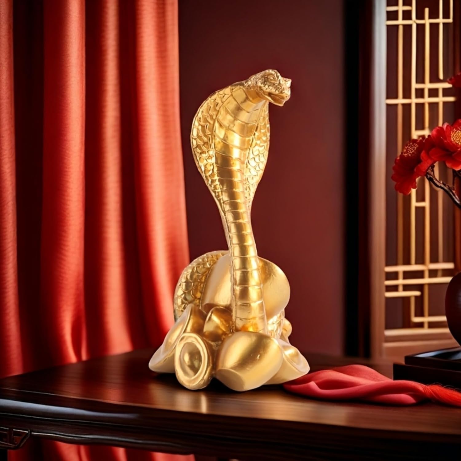 Traditional Golden Snake Figurine Resin Sculpture