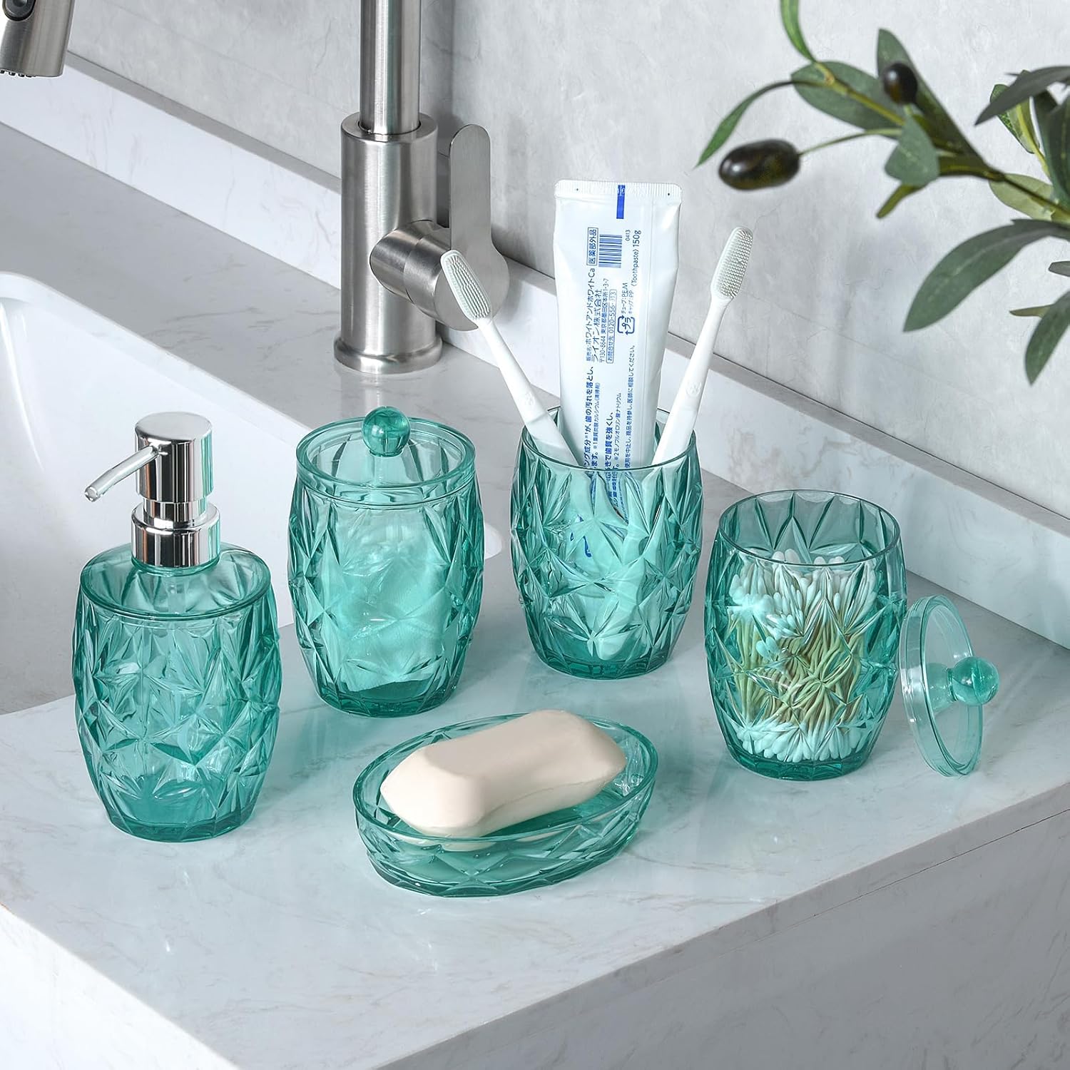 Teal Blue 5pcs Bathroom Accessory Set - Modern Decor