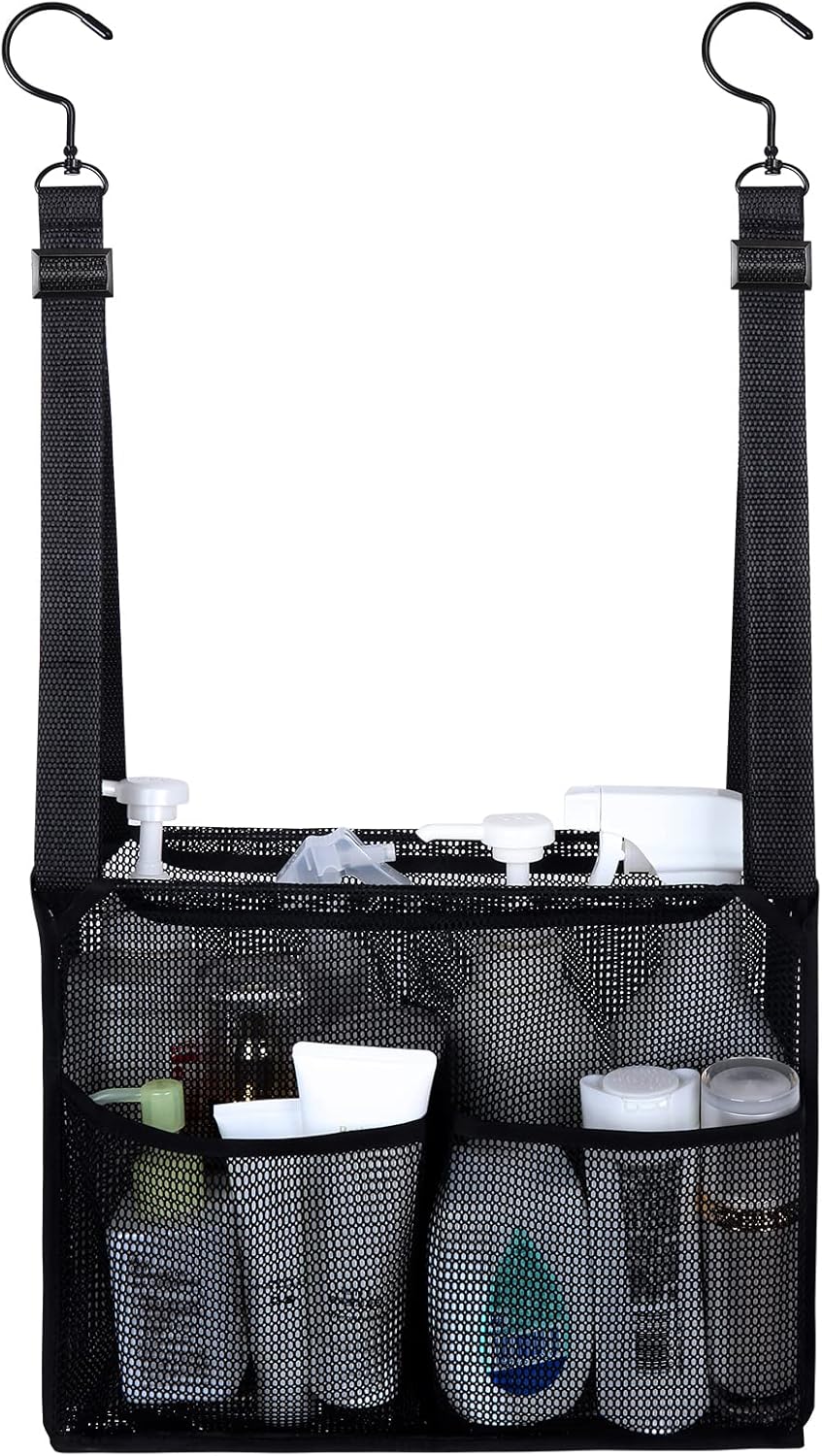 4 Storage Pockets Adjustable Hanging Mesh Shower Caddy Black