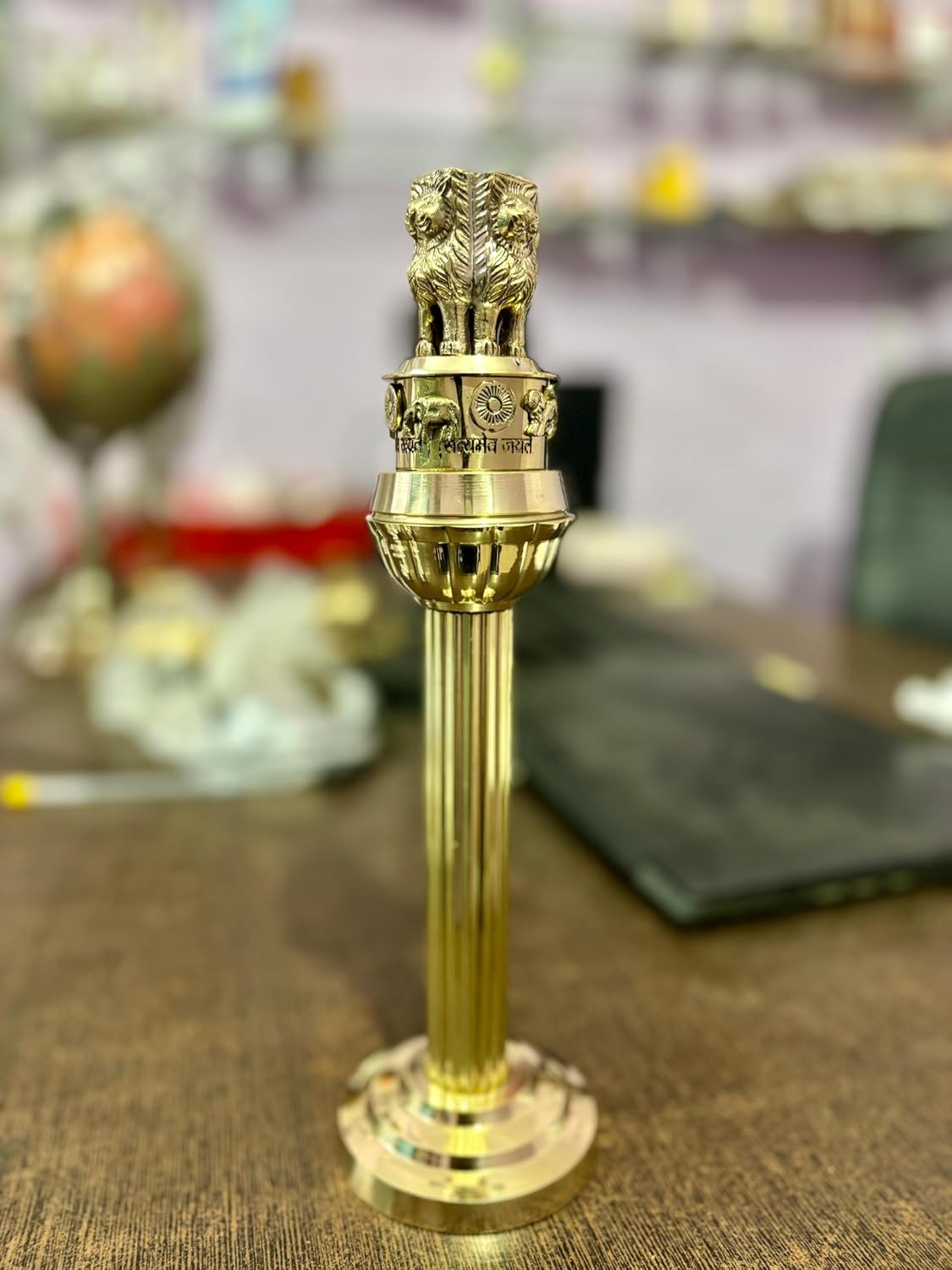Brass National Emblem Ashoka Stambh Sculpture 11 Inches