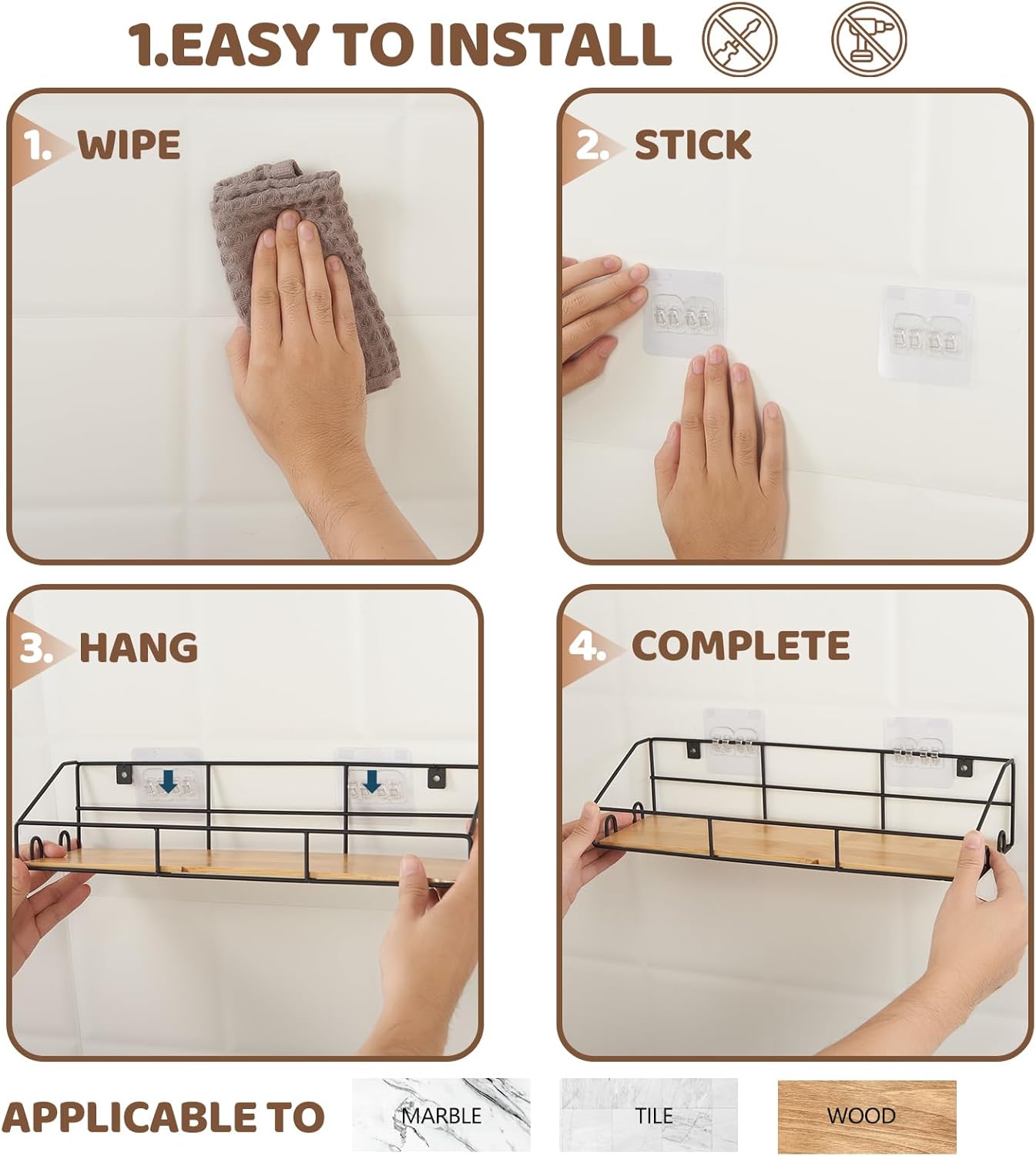Edergoo Shower Caddy 2 Pack with Hooks and Bamboo Design
