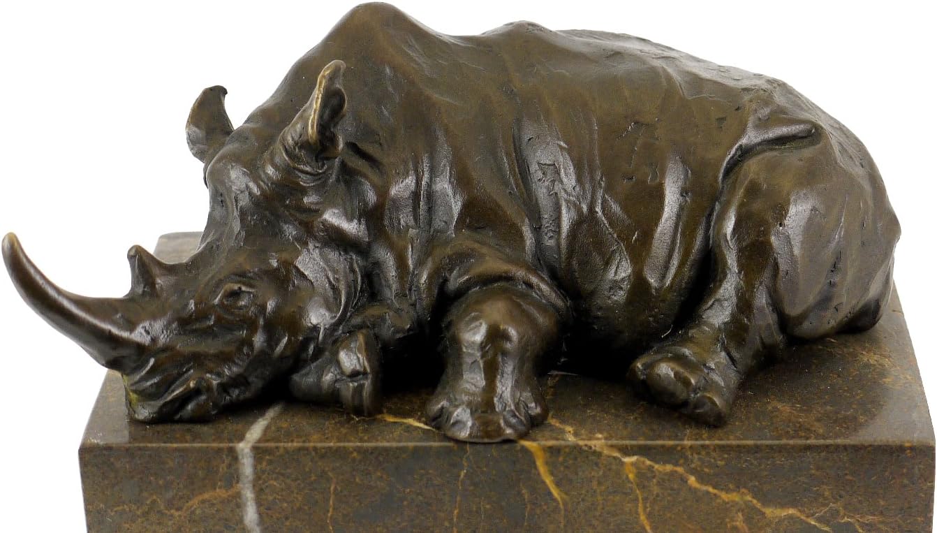 Animal Bronze Figure - Resting Rhino on Marble - Signed by Milo