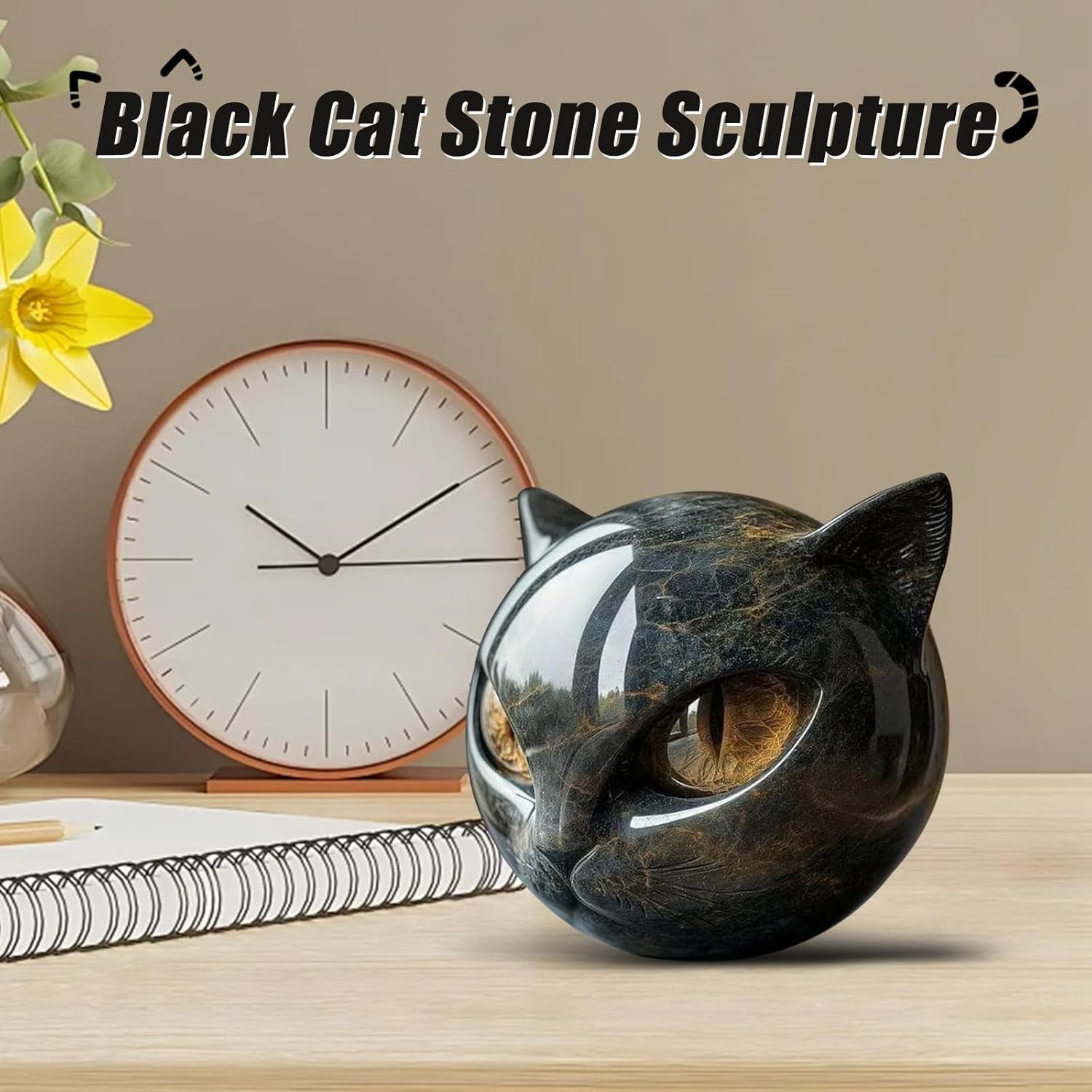 Luxury Black Cat Stone Sculpture Elegant Home Decor Art Piece
