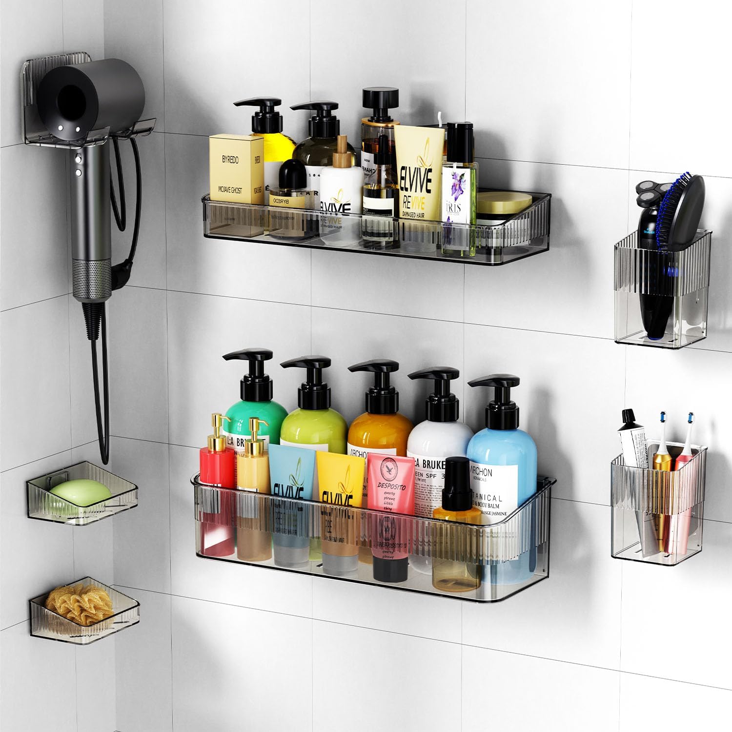 7 Pack Adhesive Shower Caddy Organizer Clear Grey
