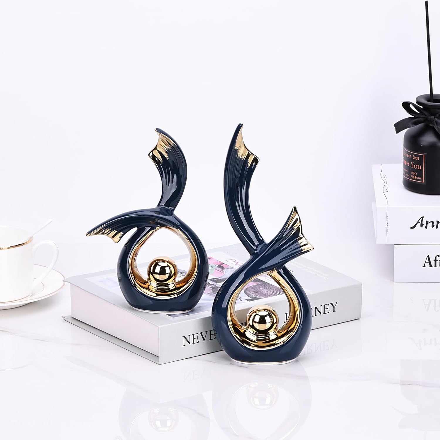 LCCCK Blue Gold Ceramic Abstract Sculpture Decor