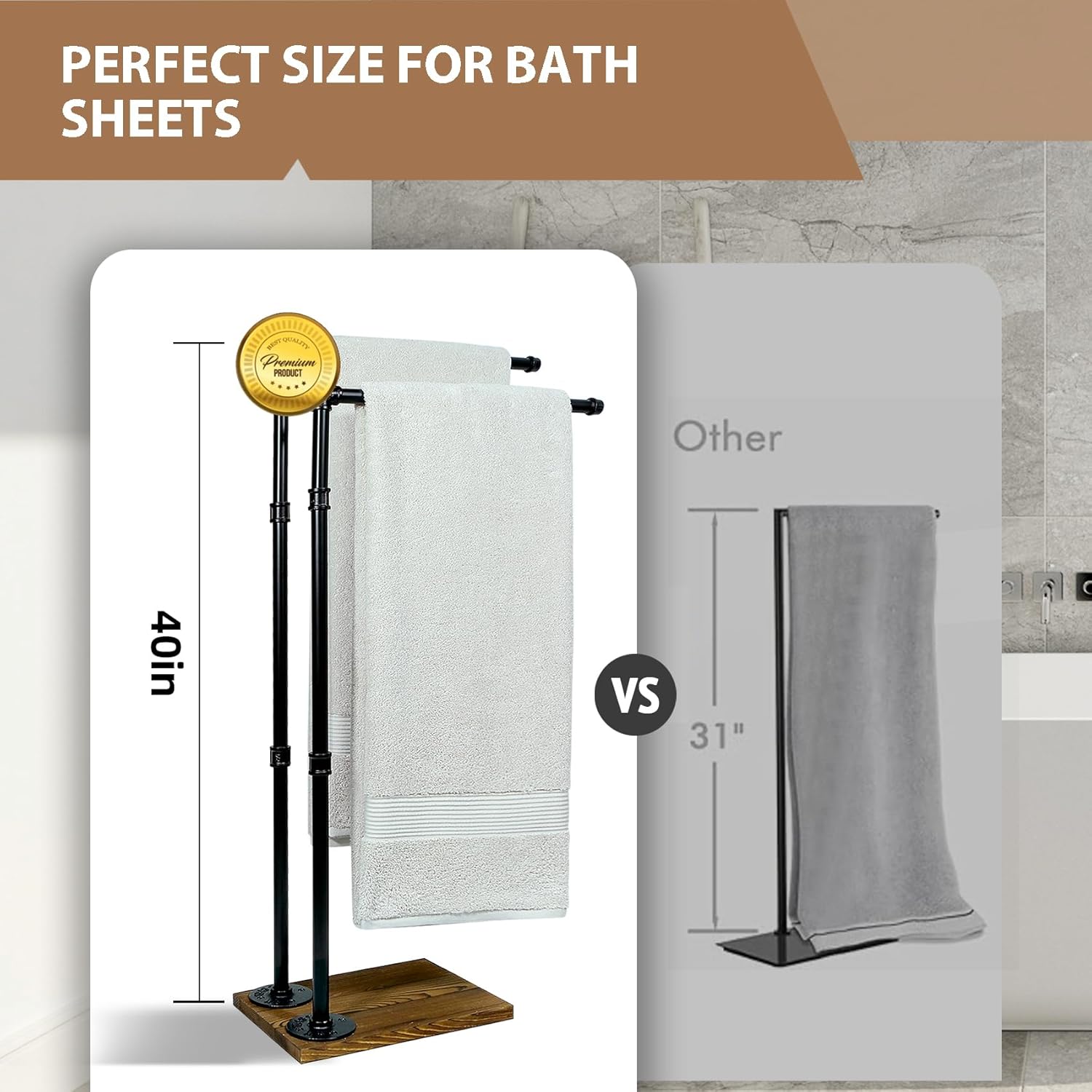 40 Inch 2-Tier Free Standing Towel Rack with Wooden Base