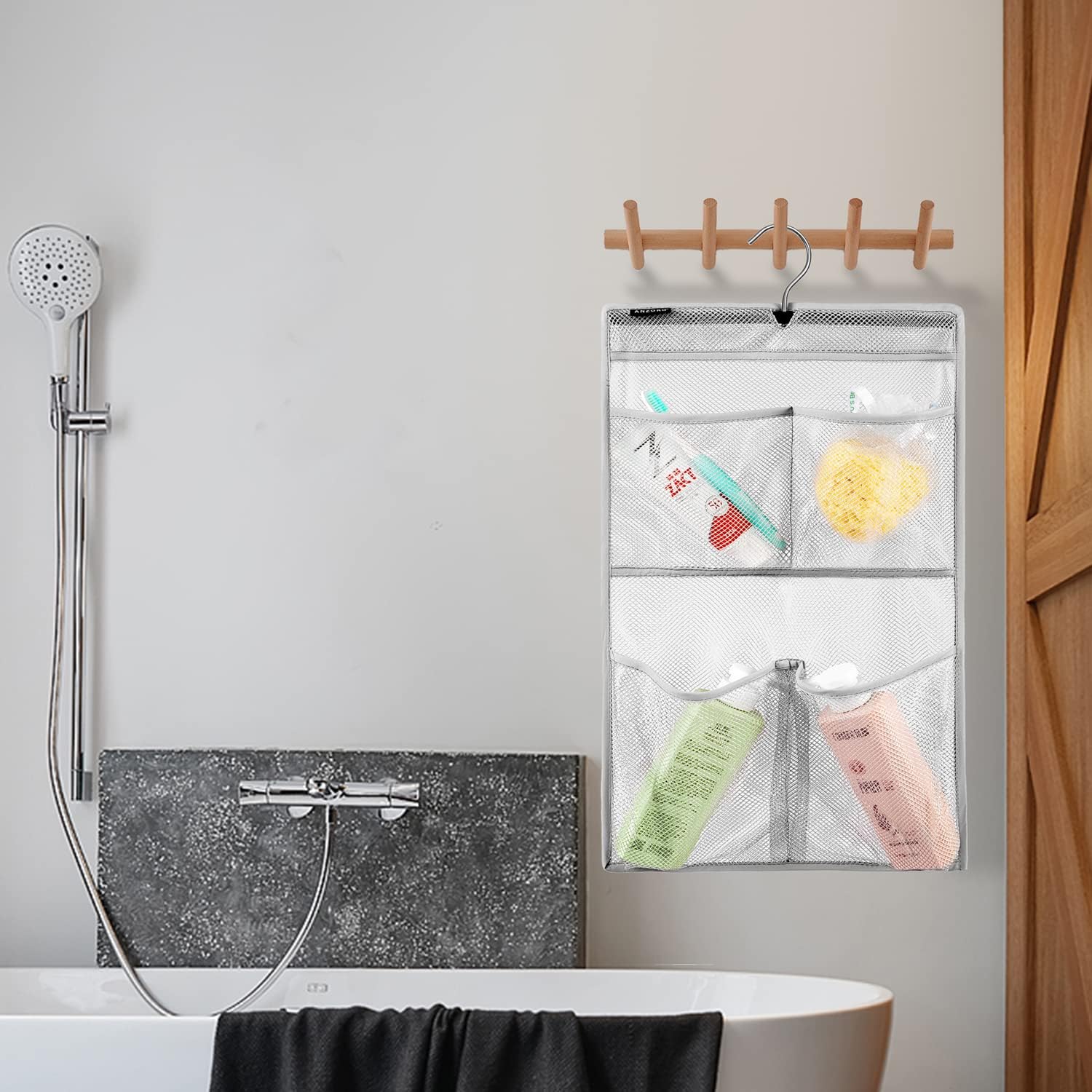 ANZORG Mesh Shower Caddy with 4 Pockets and Rotating Hanger