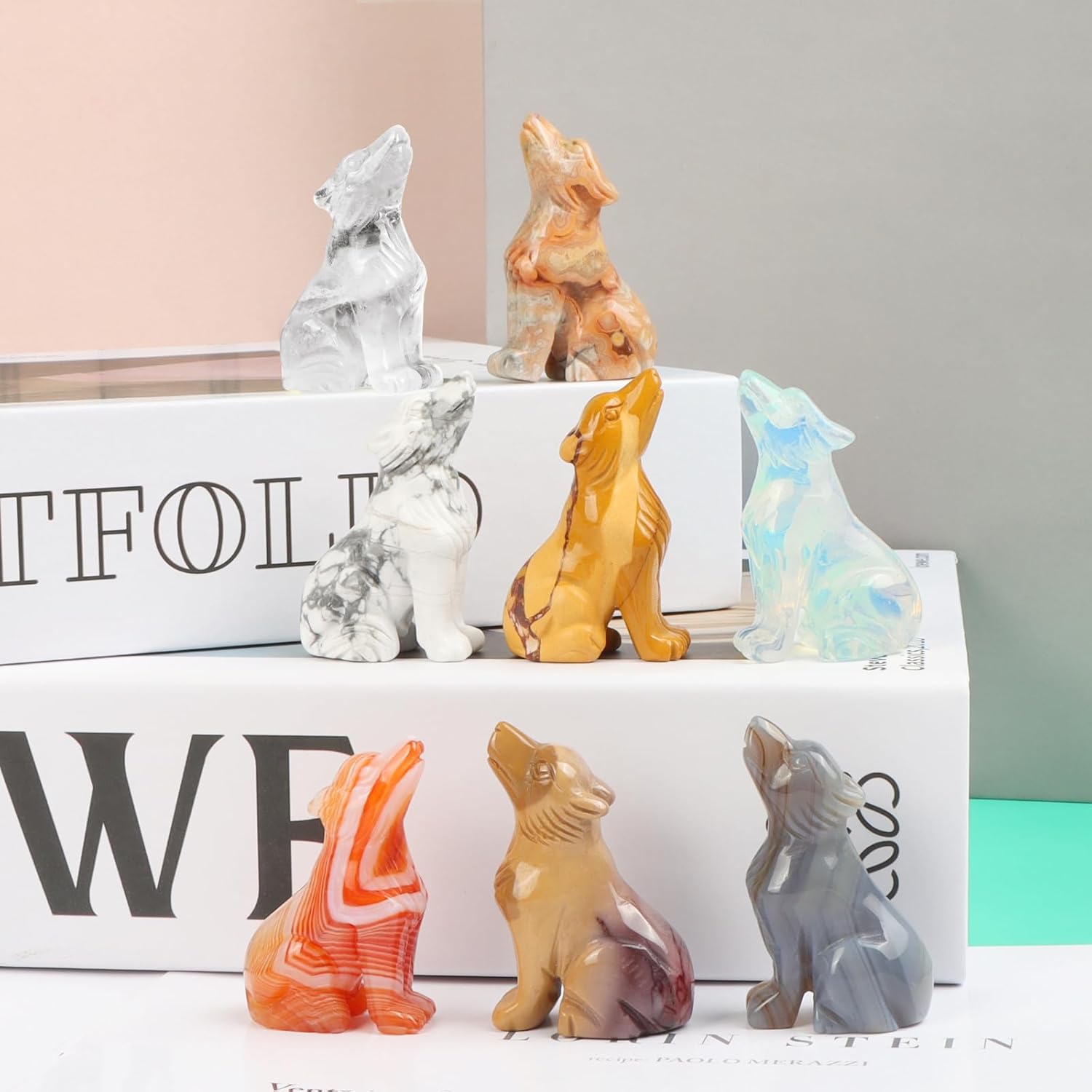 Howlite Crystal Wolf Statue 2 for Home Decor