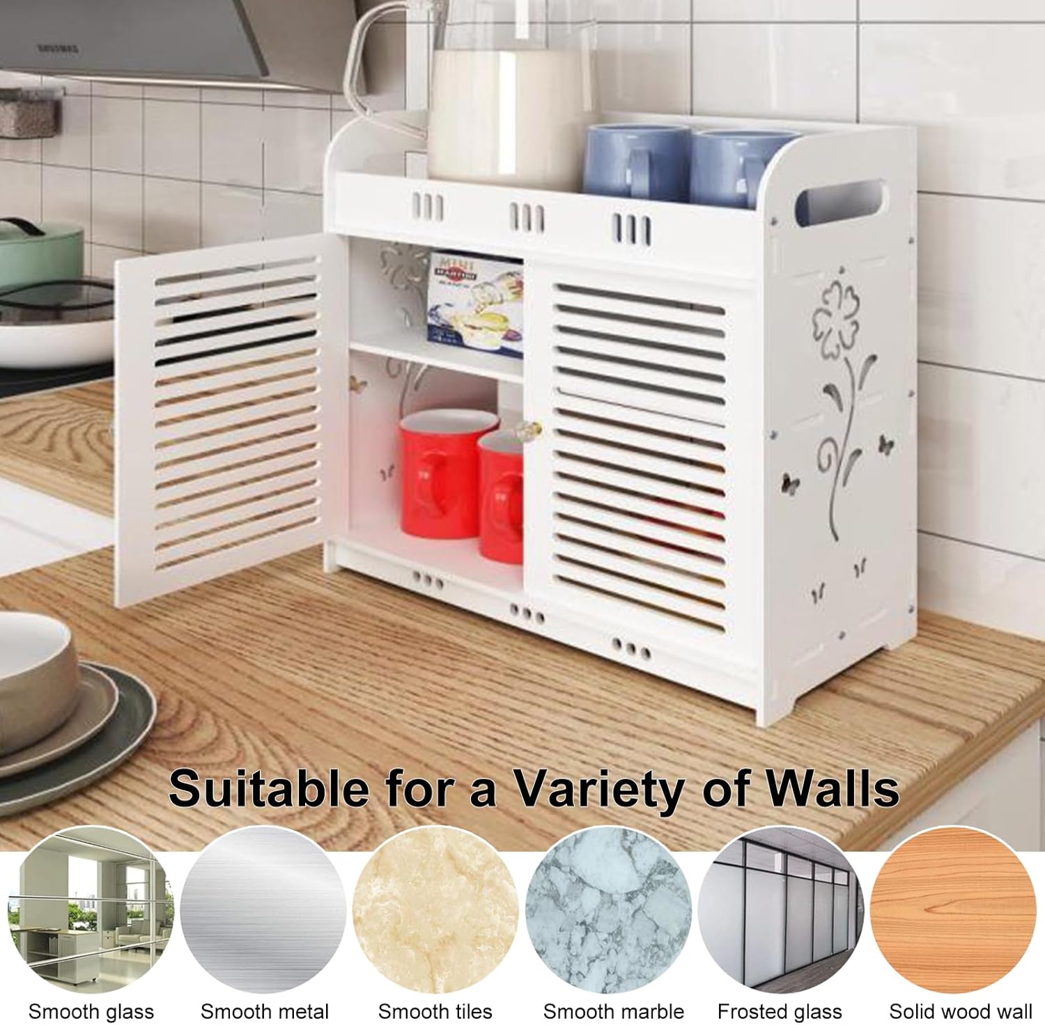 GizmoSynth White Bathroom Cabinet with Hollow Flower Pattern