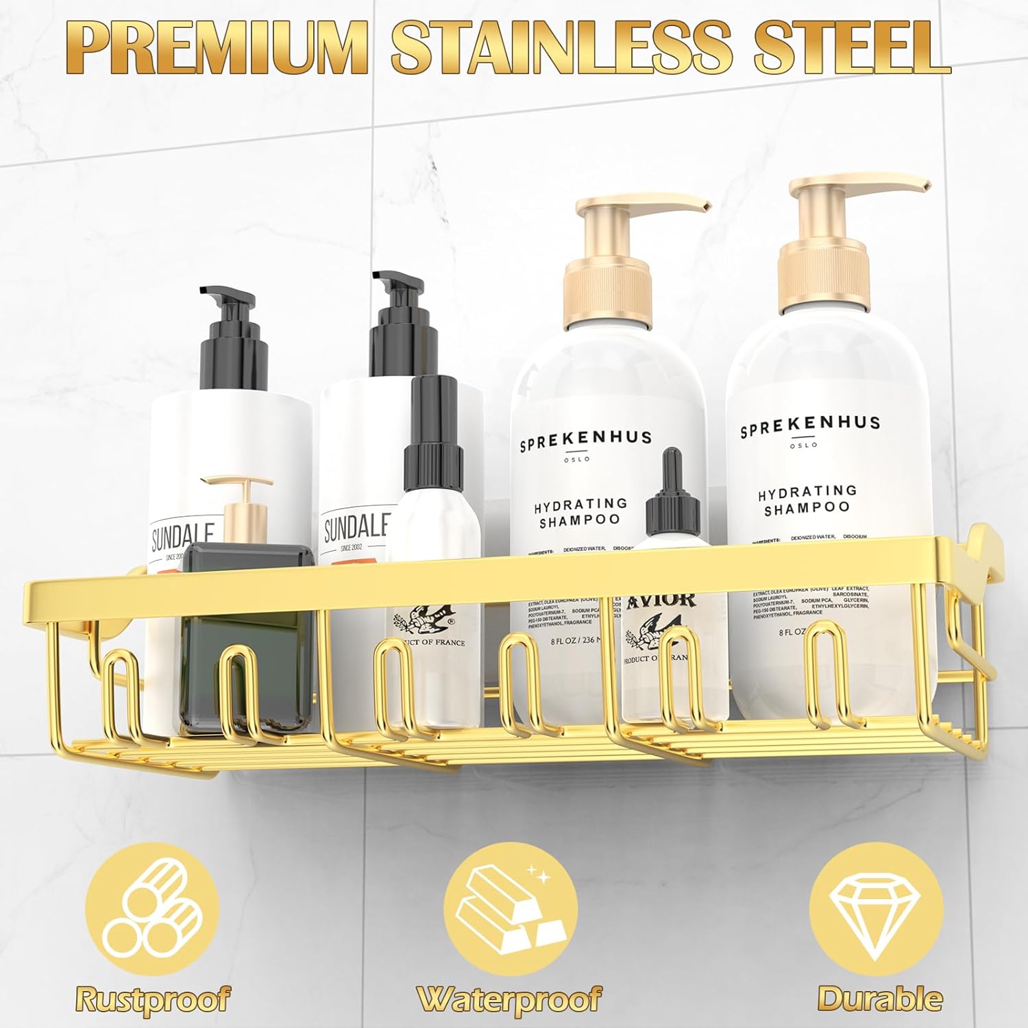 5 Pack Adhesive Shower Caddy with Gold Finish
