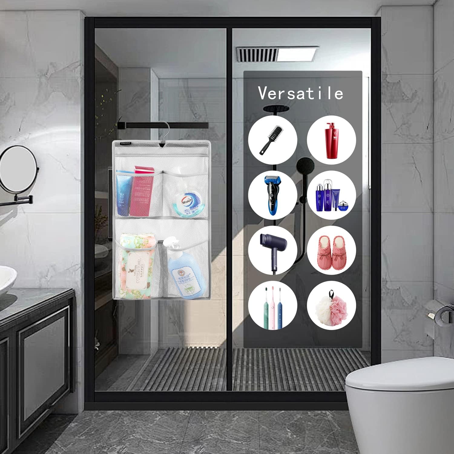 ANZORG Mesh Shower Caddy with 4 Pockets and Rotating Hanger