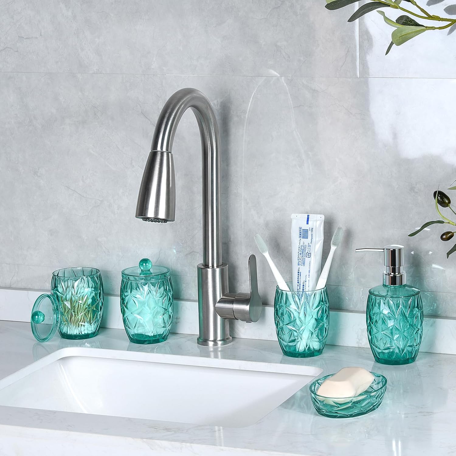 Teal Blue 5pcs Bathroom Accessory Set - Modern Decor