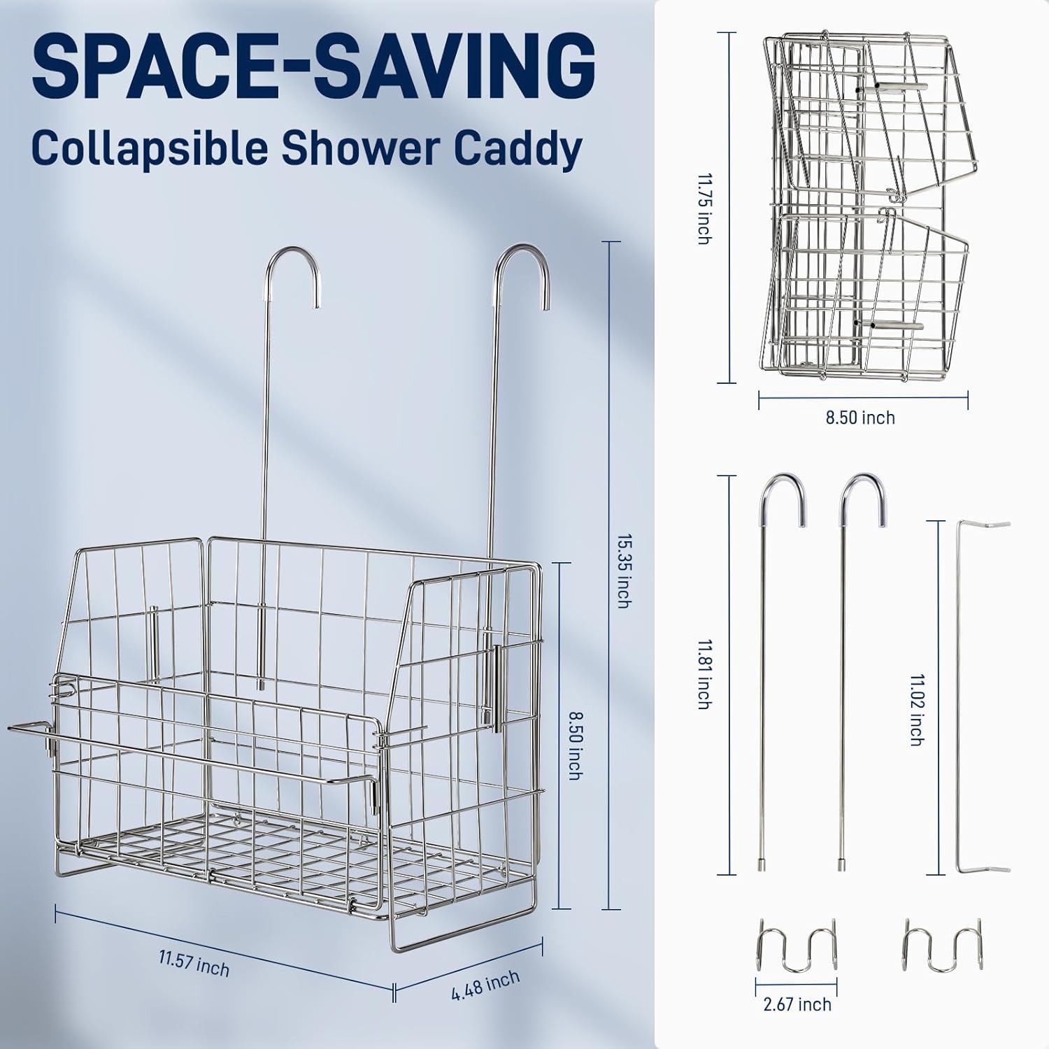 SUTINE Stainless Steel Shower Caddy with Hooks and Towel Bar