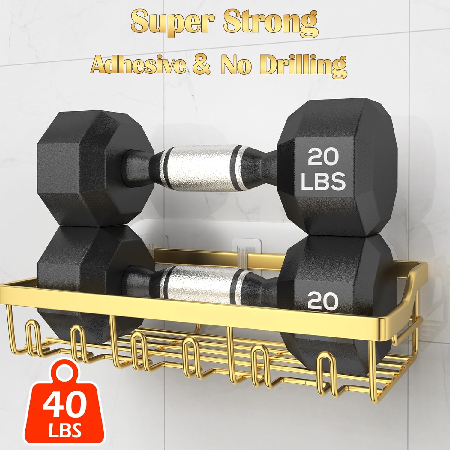 5 Pack Adhesive Shower Caddy with Gold Finish