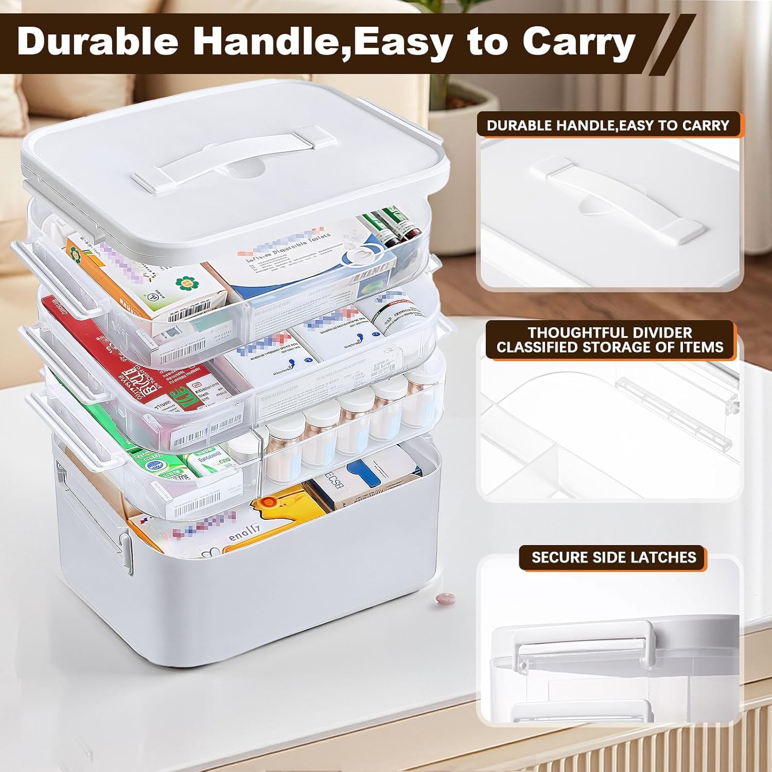 4-Tier Portable Medicine Cabinet with Handle and Removable Trays