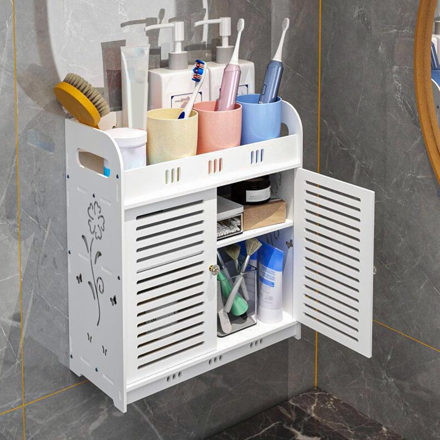 White Hollow Flower Pattern Bathroom Cabinet with Multi-Grid Tiers