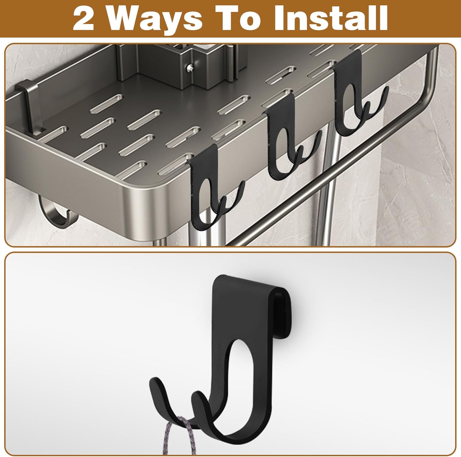 CANIPHA 4Pcs Black Metal Shower Caddy with Double Hooks