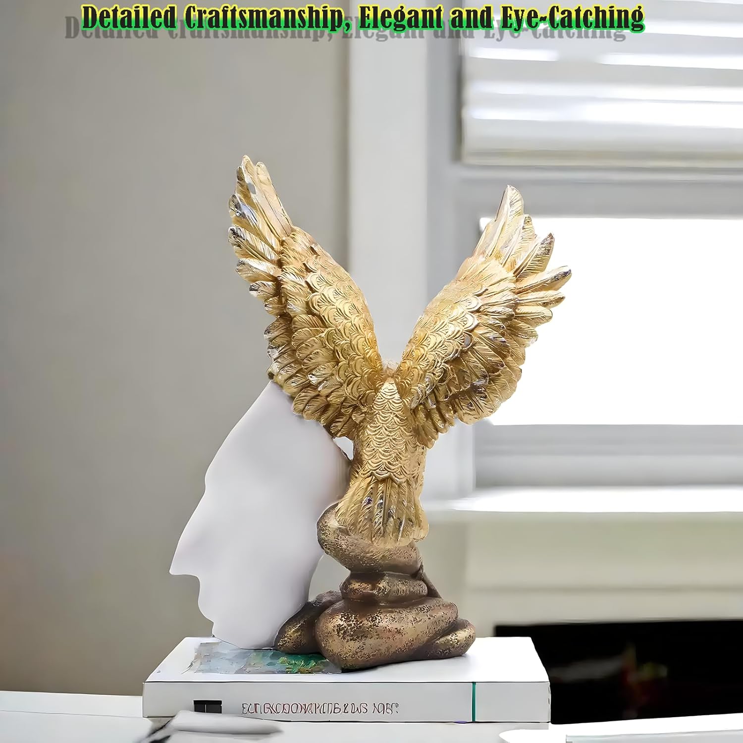 Patriotic Bald Eagle Figurine with Flag Gold Resin Statue