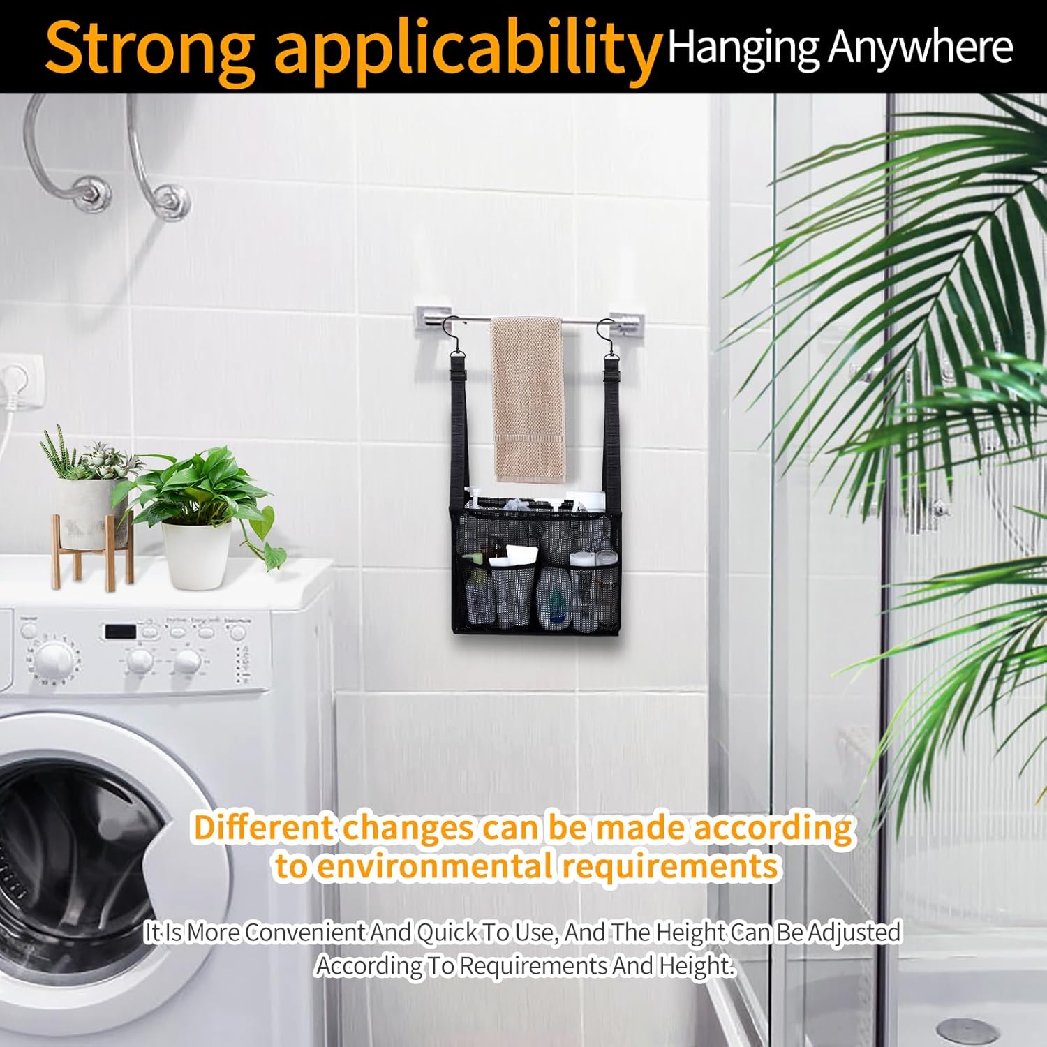 4 Storage Pockets Adjustable Hanging Mesh Shower Caddy Black
