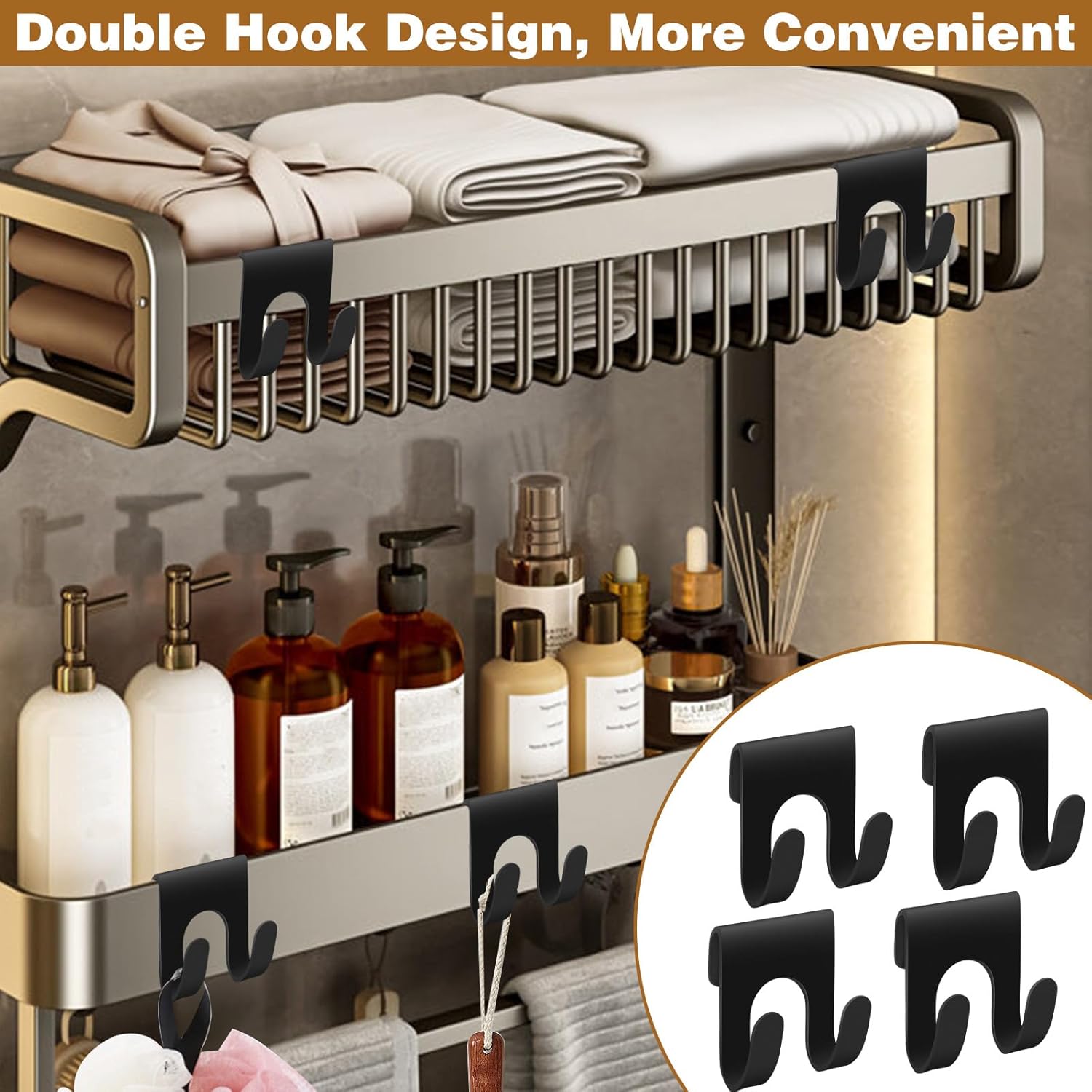 CANIPHA 4Pcs Black Metal Shower Caddy with Double Hooks