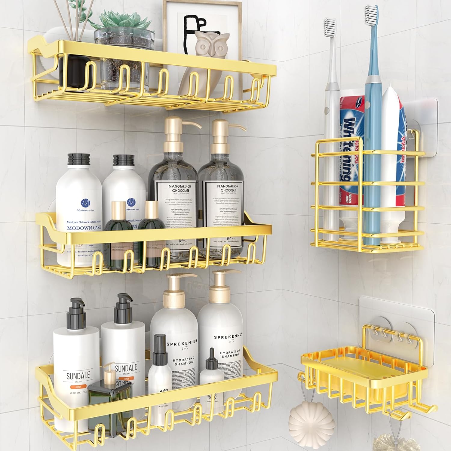 5 Pack Adhesive Shower Caddy with Gold Finish