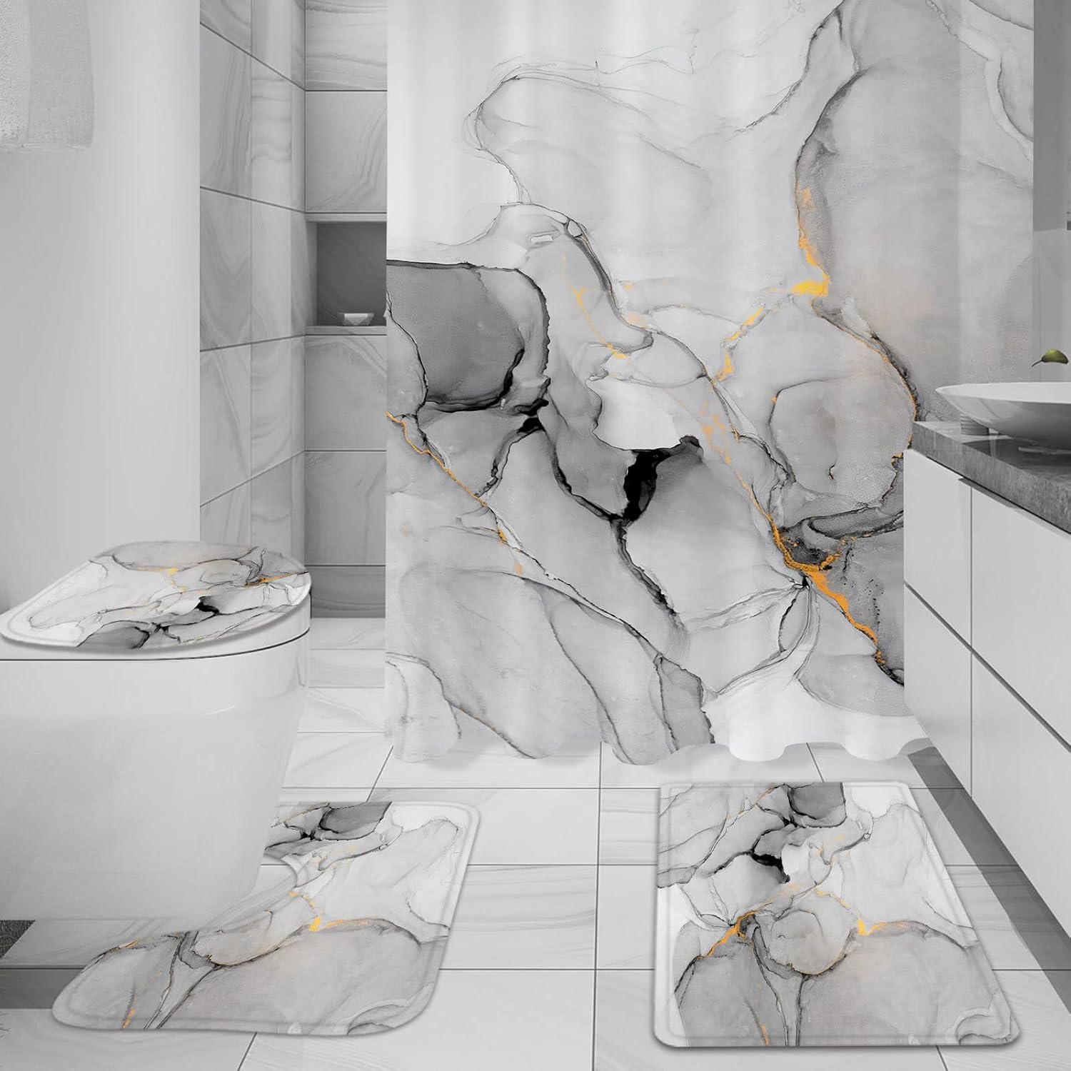 Gibelle 4 Pcs Grey Marble Bathroom Accessory Set