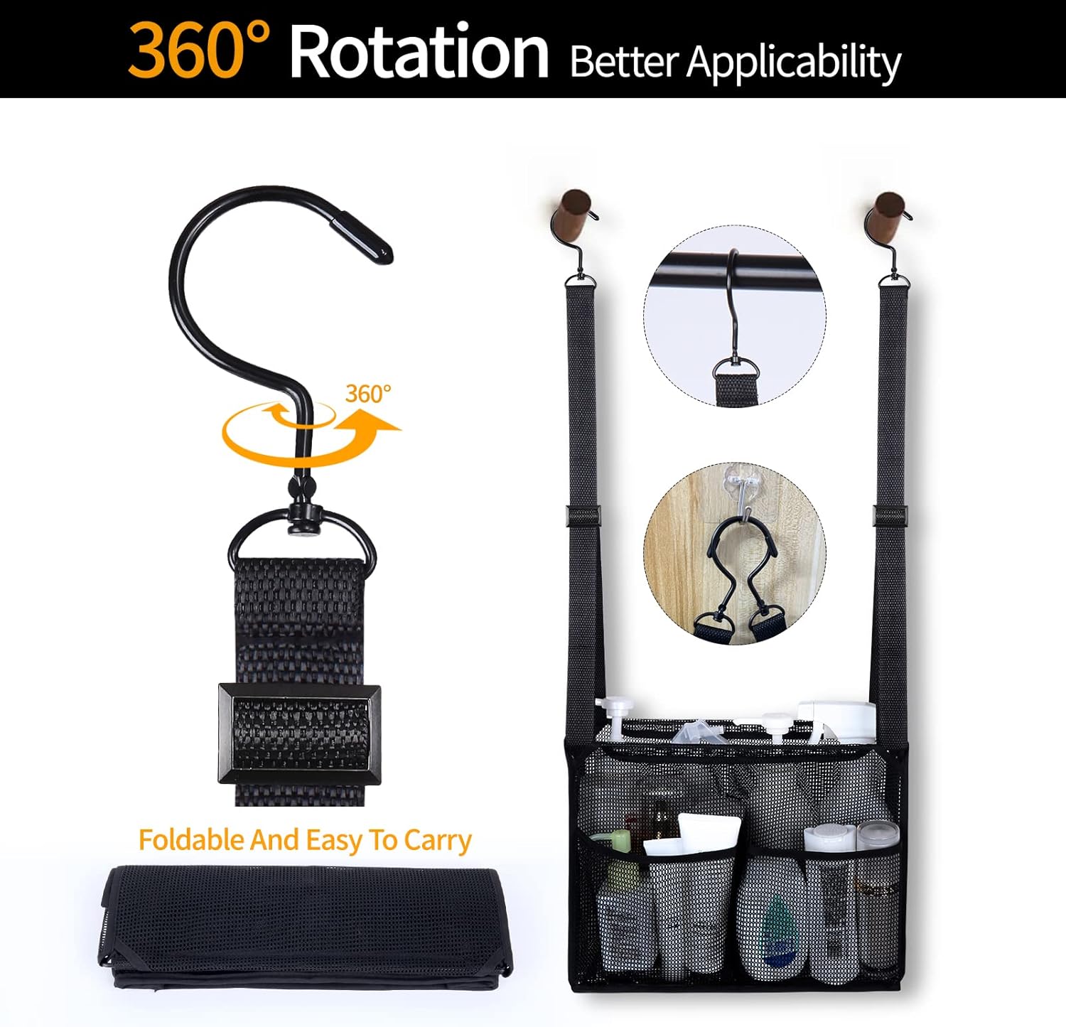 4 Storage Pockets Adjustable Hanging Mesh Shower Caddy Black