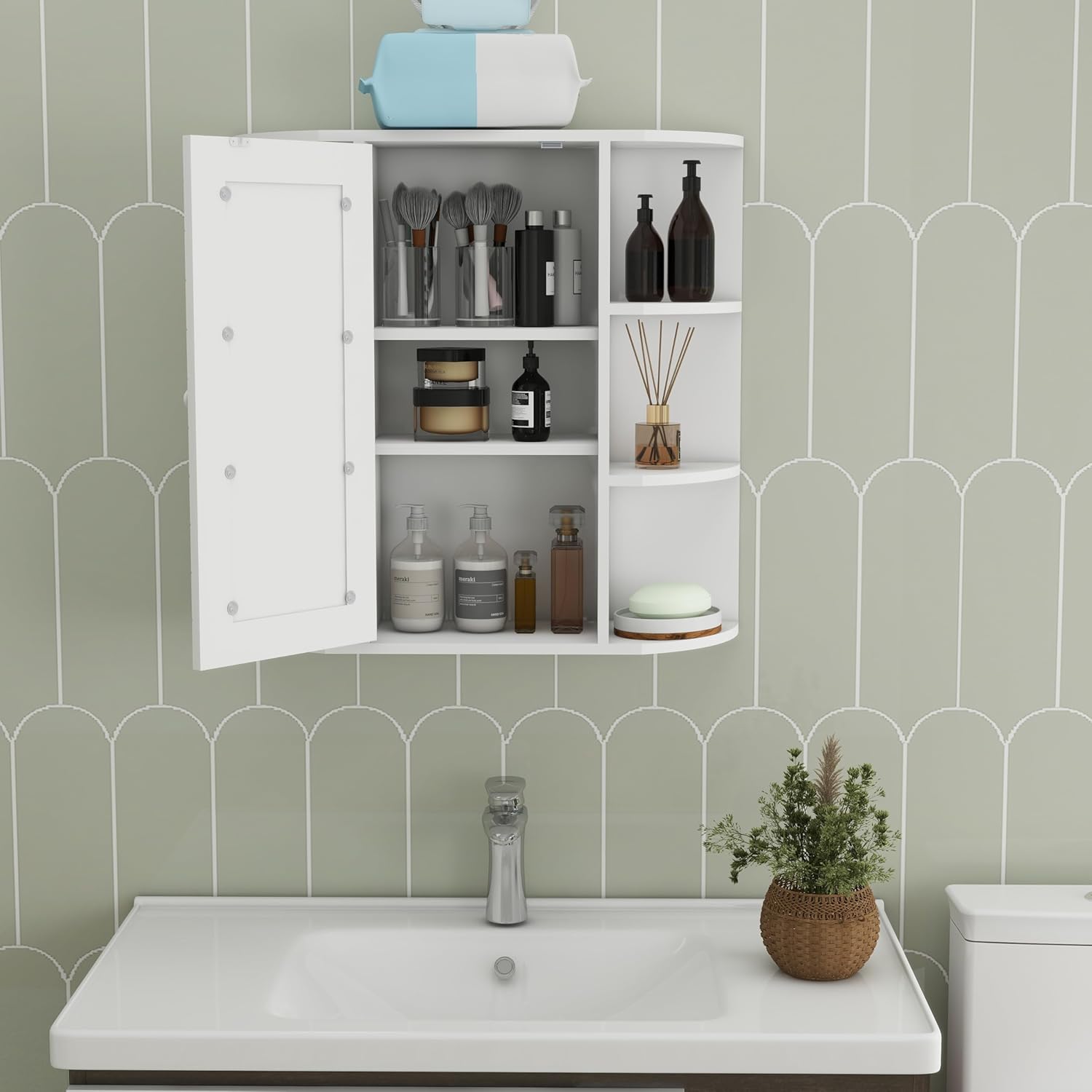 espidoo Wall Mounted Medicine Cabinet with 6 Open Shelves and 3 Adjustable Shelves