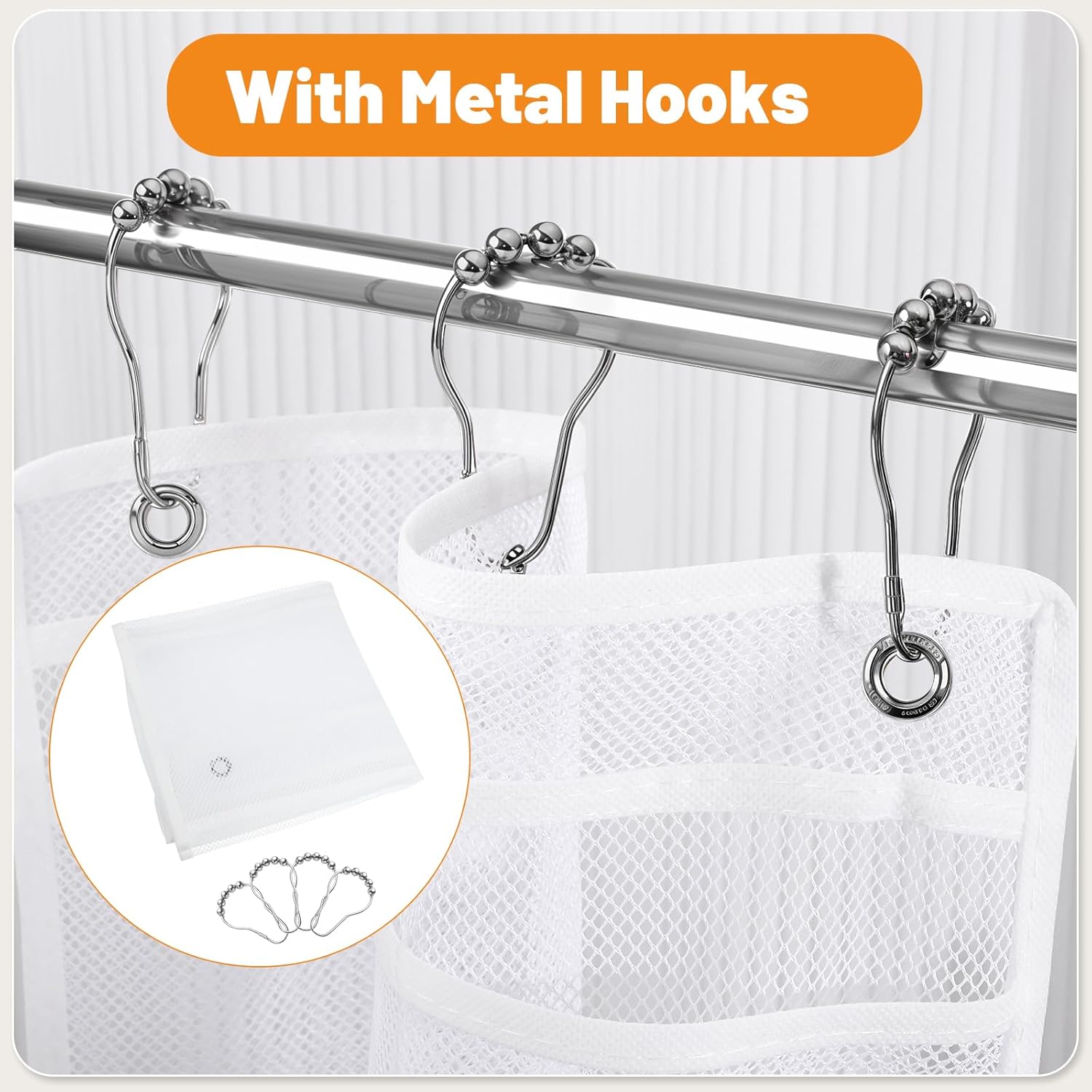 2 Pack Mesh Shower Caddy with 7 Pockets and Metal Hooks