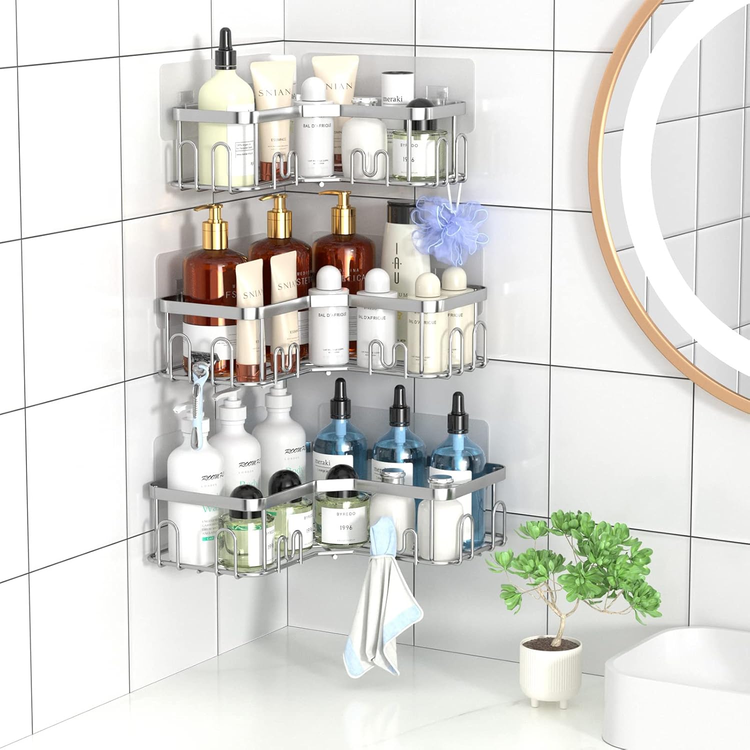 Menbyci 3 Pack Corner Shower Caddy with 18 Hooks