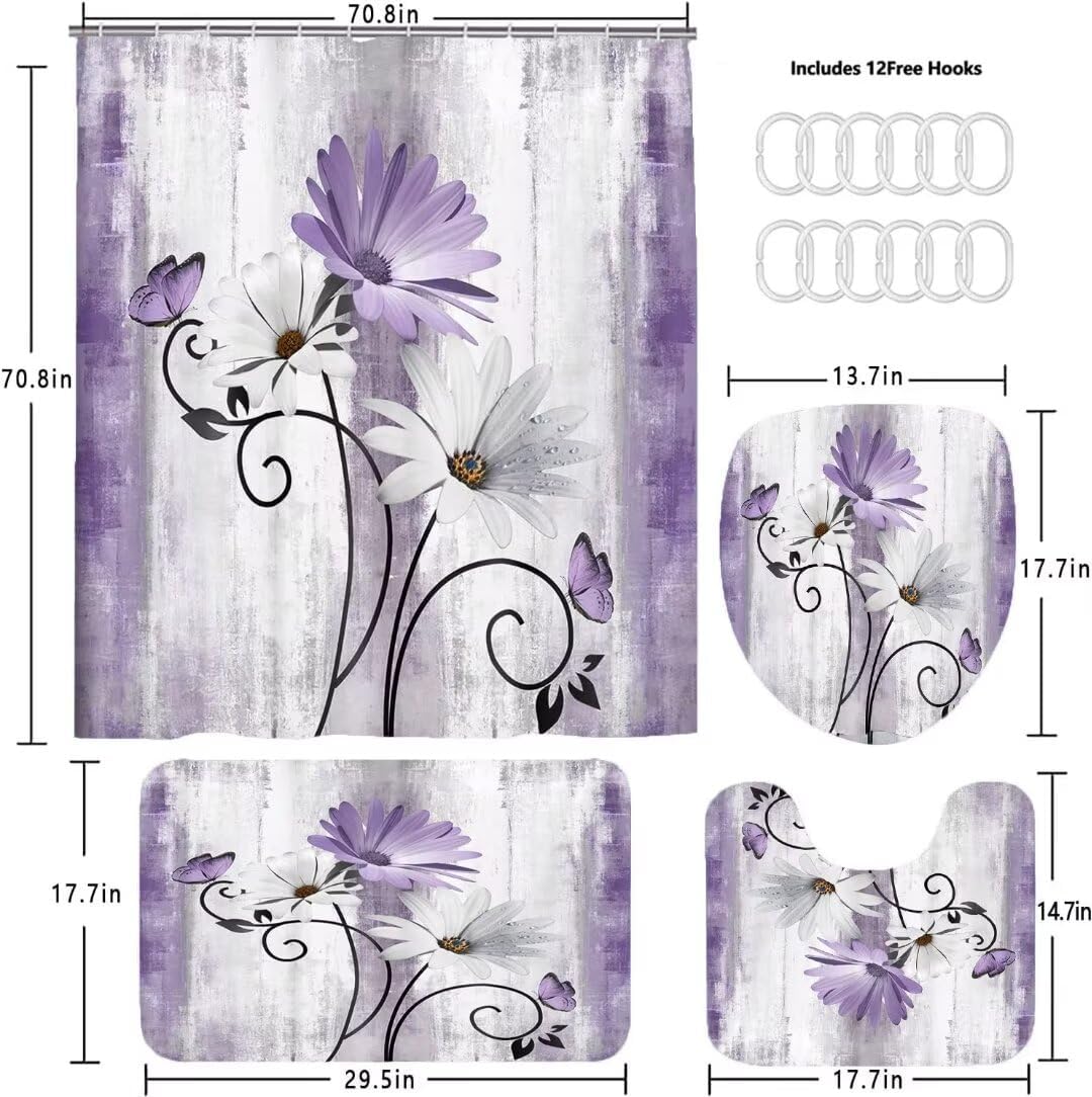 4PCS Rustic Purple Flower Farmhouse Shower Curtain Set