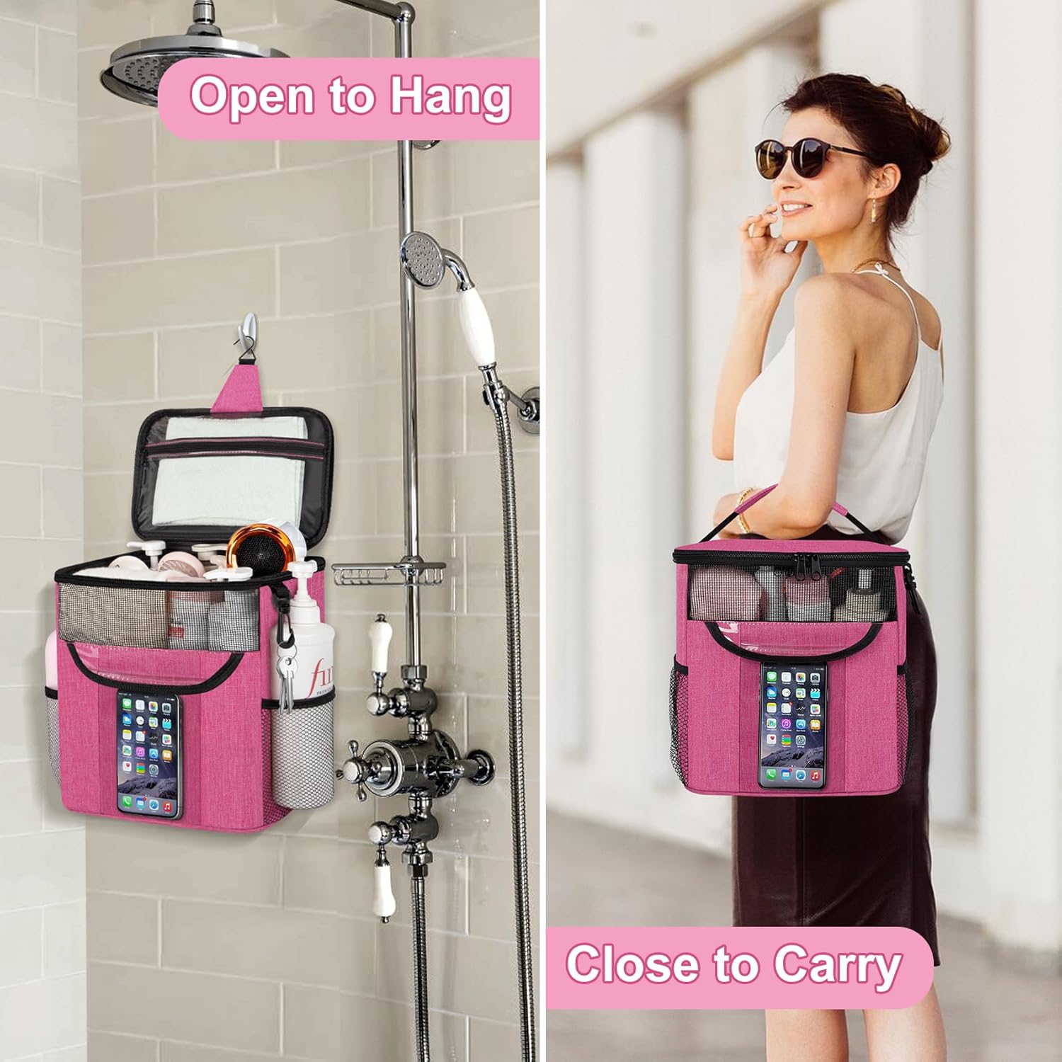 Attmu Portable Shower Caddy with Zip Pockets Pink