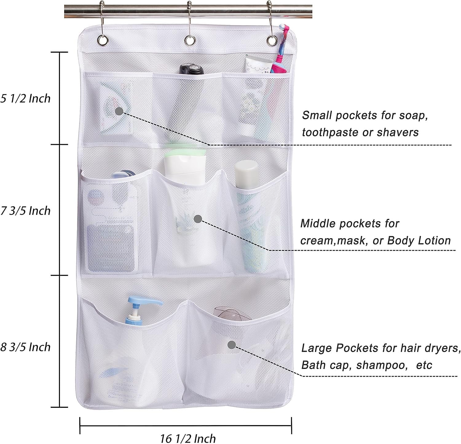 KIMBORA 8-Pocket Mesh Shower Caddy with 3 Rings