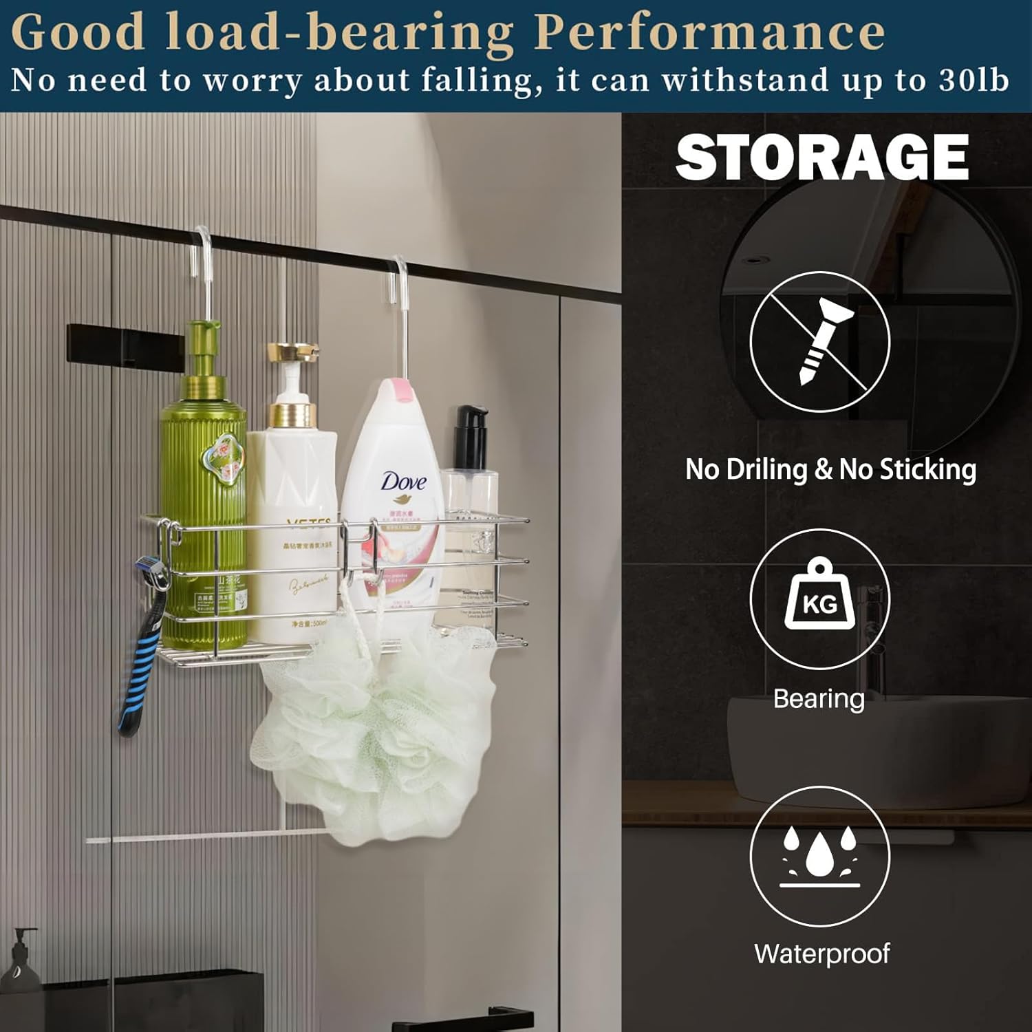 Seltomer 360 Swivel Shower Caddy with Hooks and Large Basket