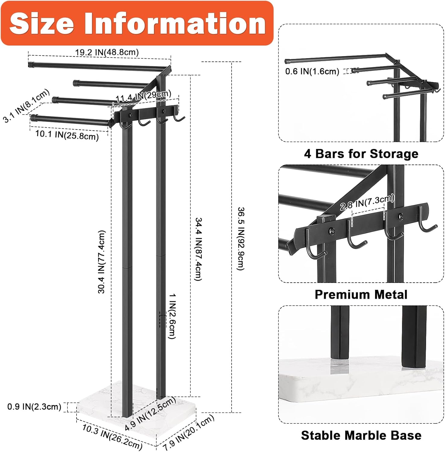 HarJue 36 H Towel Rack with Marble Base and Hooks