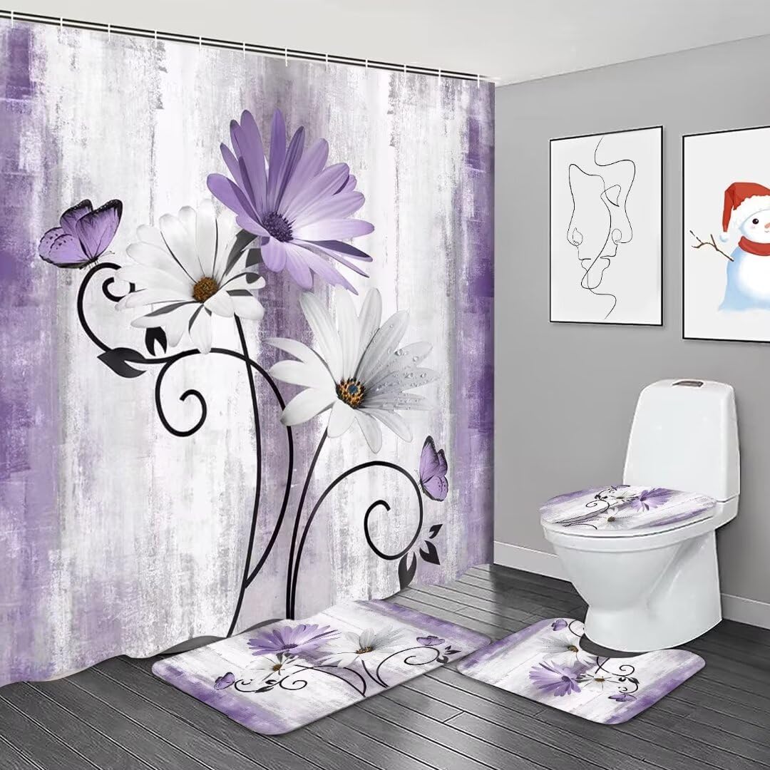 4PCS Rustic Purple Flower Farmhouse Shower Curtain Set
