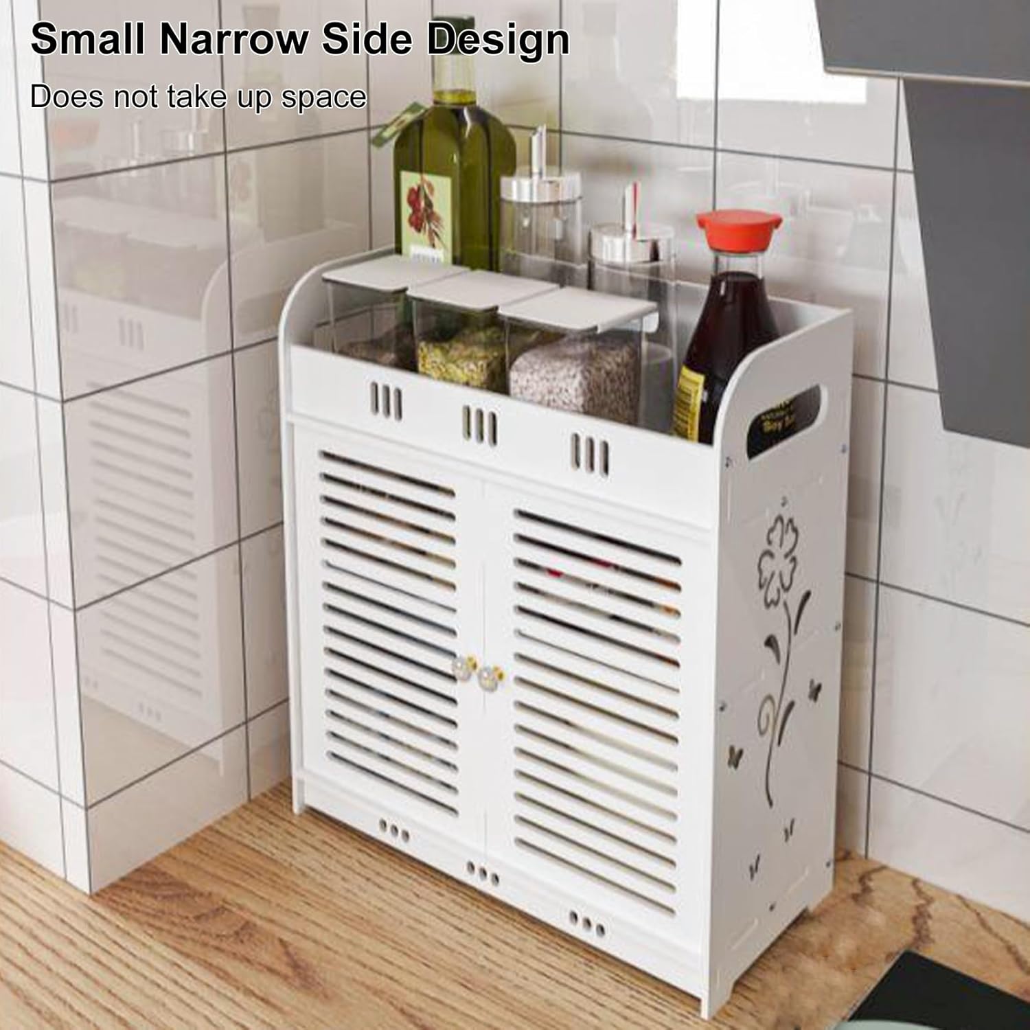 White Hollow Flower Pattern Bathroom Cabinet with Multi-Grid Tiers