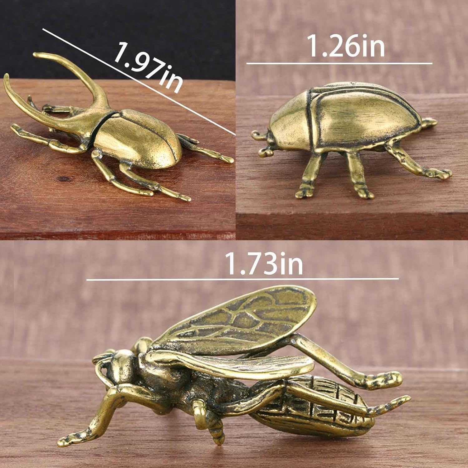 SnowOwl Brass Insect Figurine Set 3PC Gold Beetle Bee Decor
