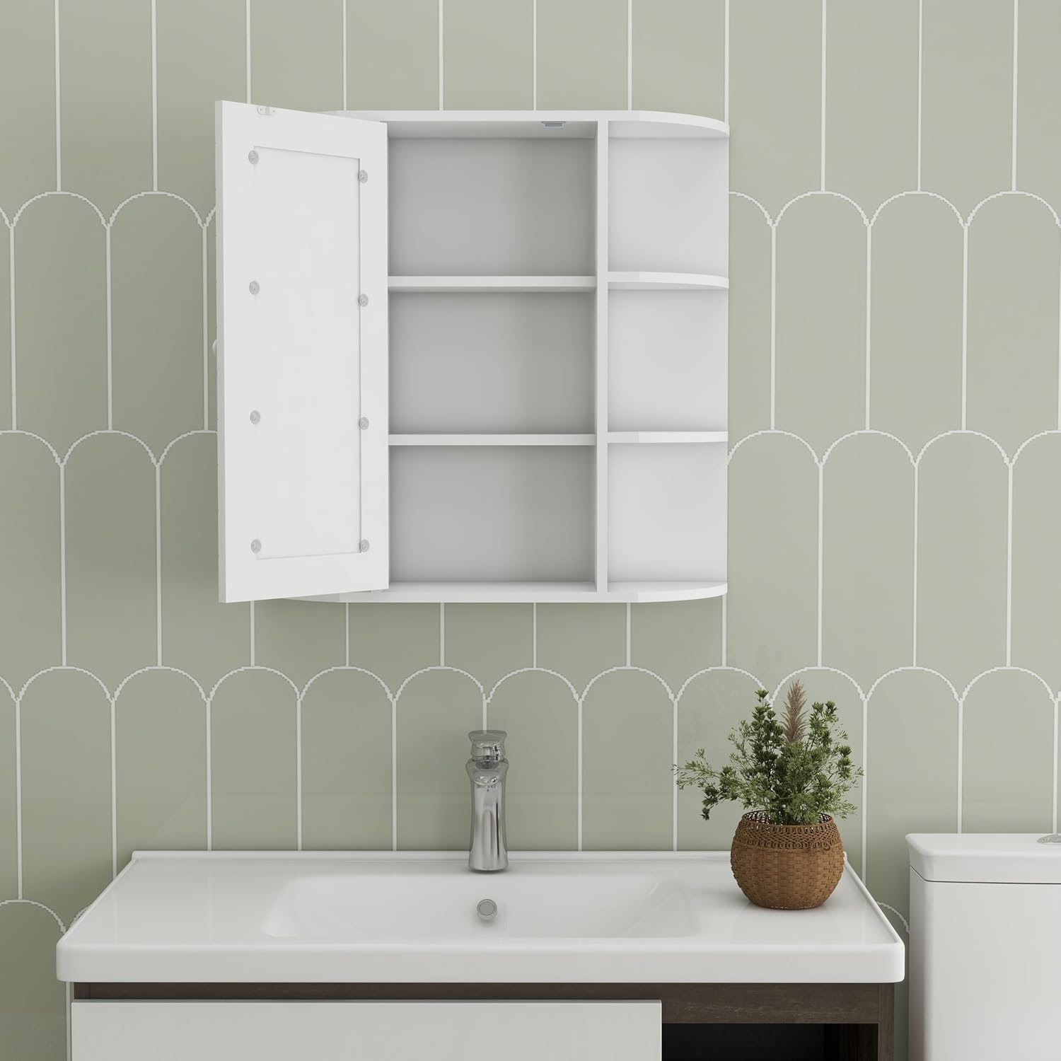 espidoo Wall Mounted Medicine Cabinet with 6 Open Shelves and 3 Adjustable Shelves