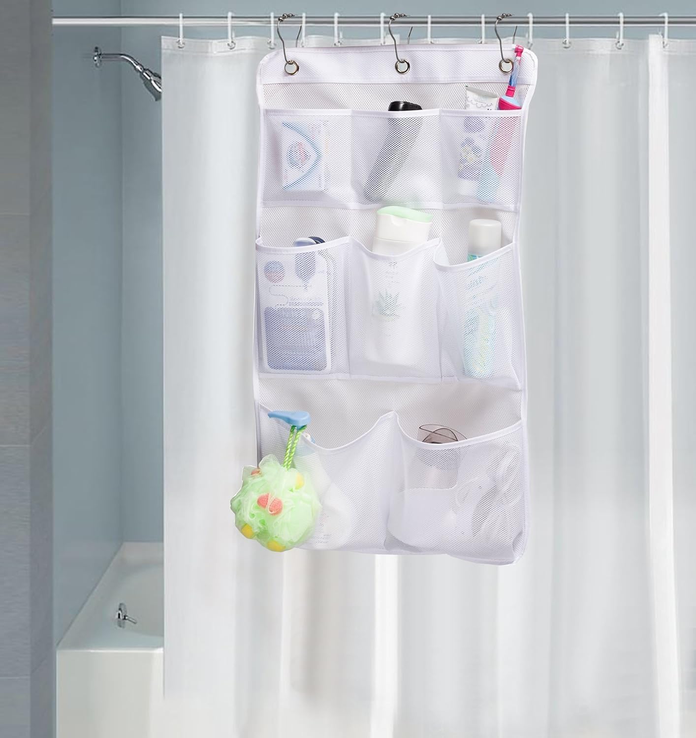 KIMBORA 8-Pocket Mesh Shower Caddy with 3 Rings