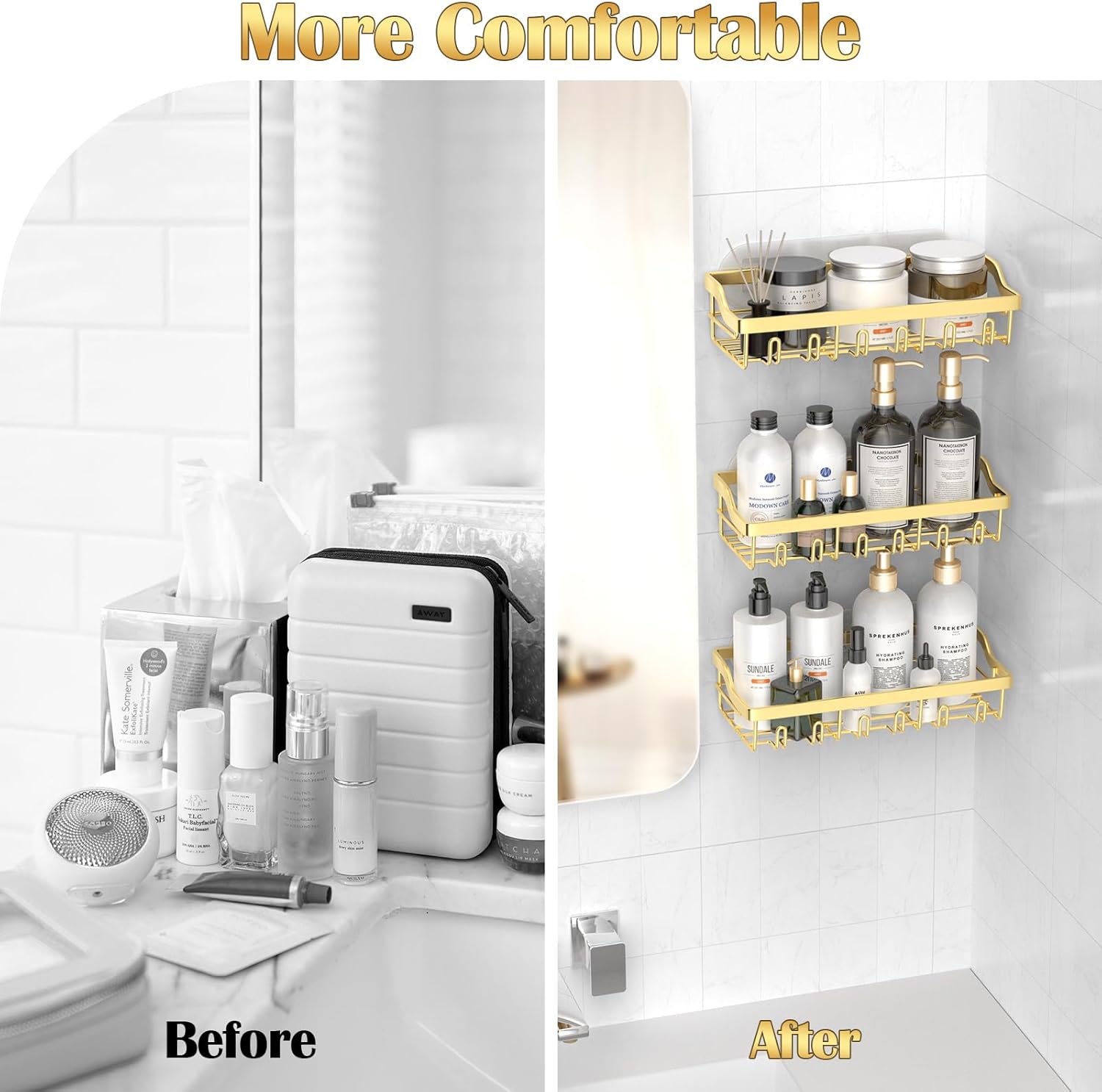 5 Pack Adhesive Shower Caddy with Gold Finish